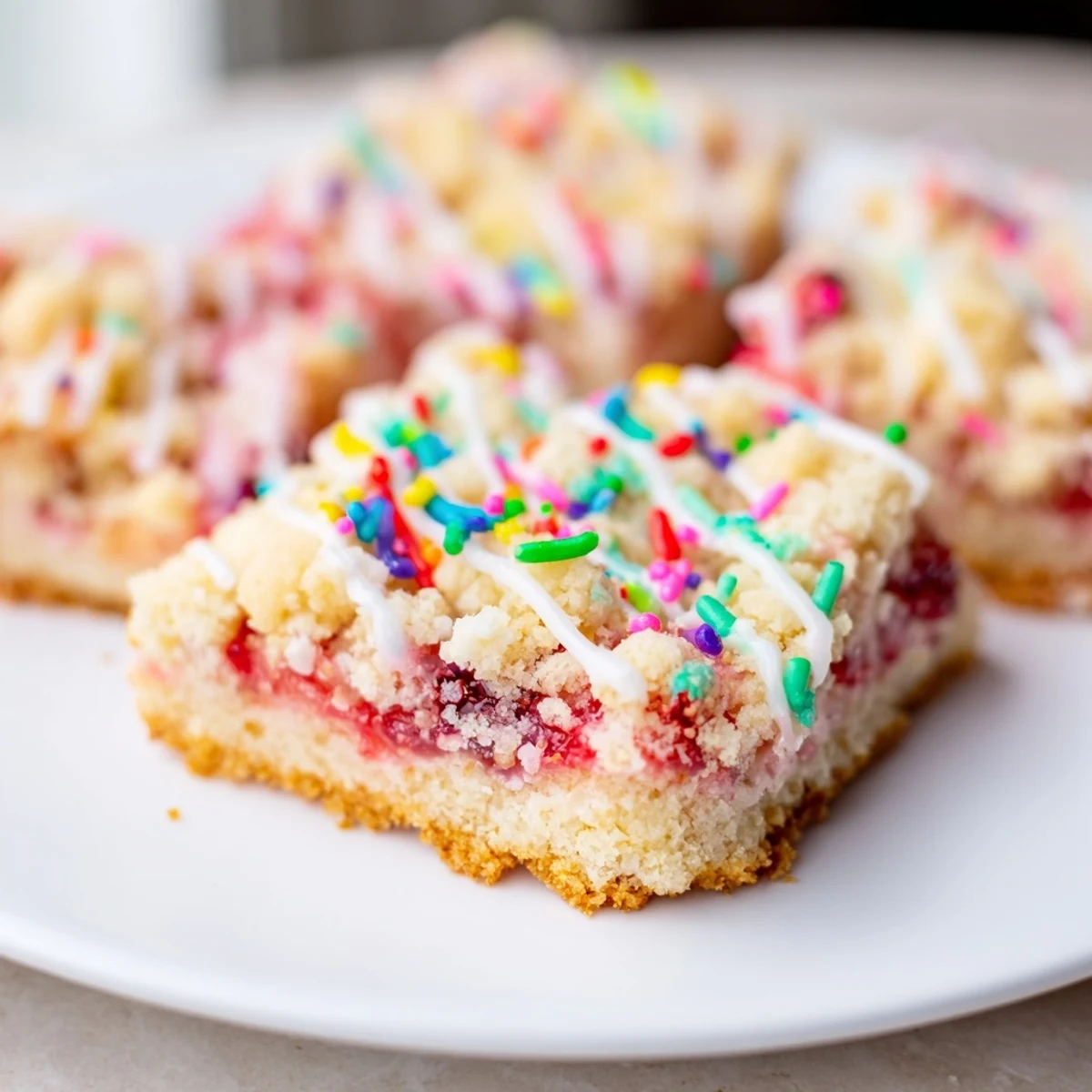 Golden pop tart cookie bars with strawberry jam filling and white glaze topped with colorful sprinkles on a white plate