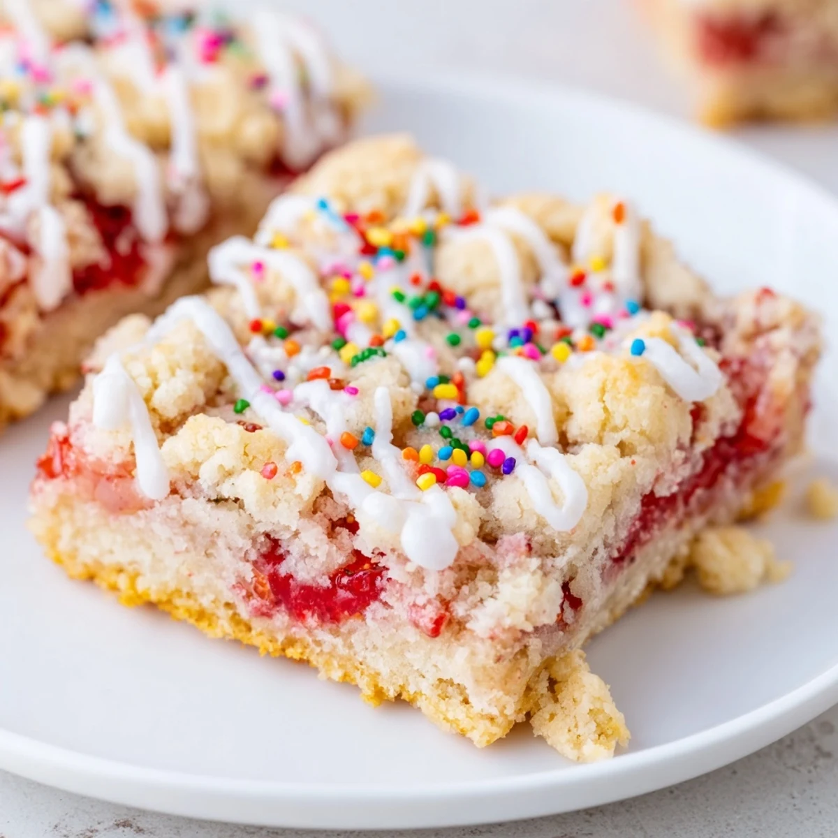 Homemade pop tart cookie bars featuring crumbled sugar cookie crust over sweet jam with vanilla icing and rainbow sprinkles