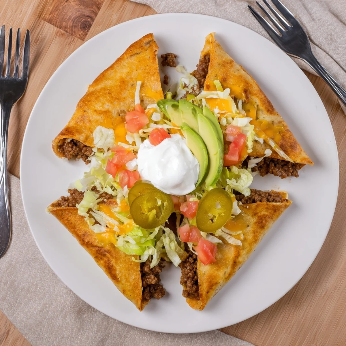 Homemade keto crunchwraps featuring layered ground beef, fresh lettuce, tomatoes, and creamy sour cream in a crispy shell