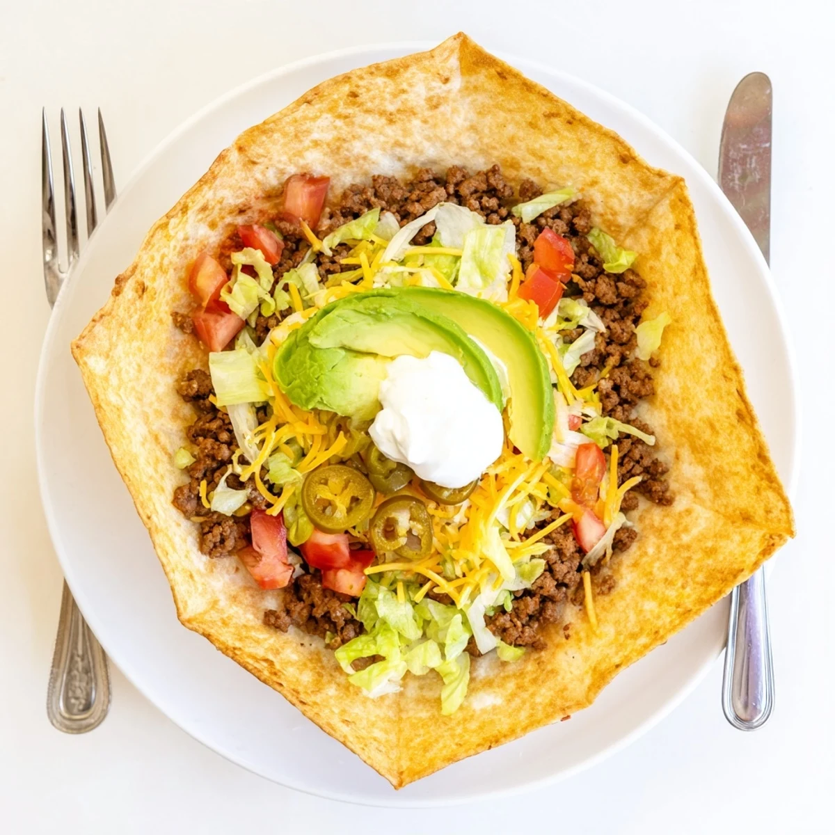 Pan-fried keto crunchwrap cut in half revealing juicy taco seasoned beef, avocado, cheese, and colorful veggie layers