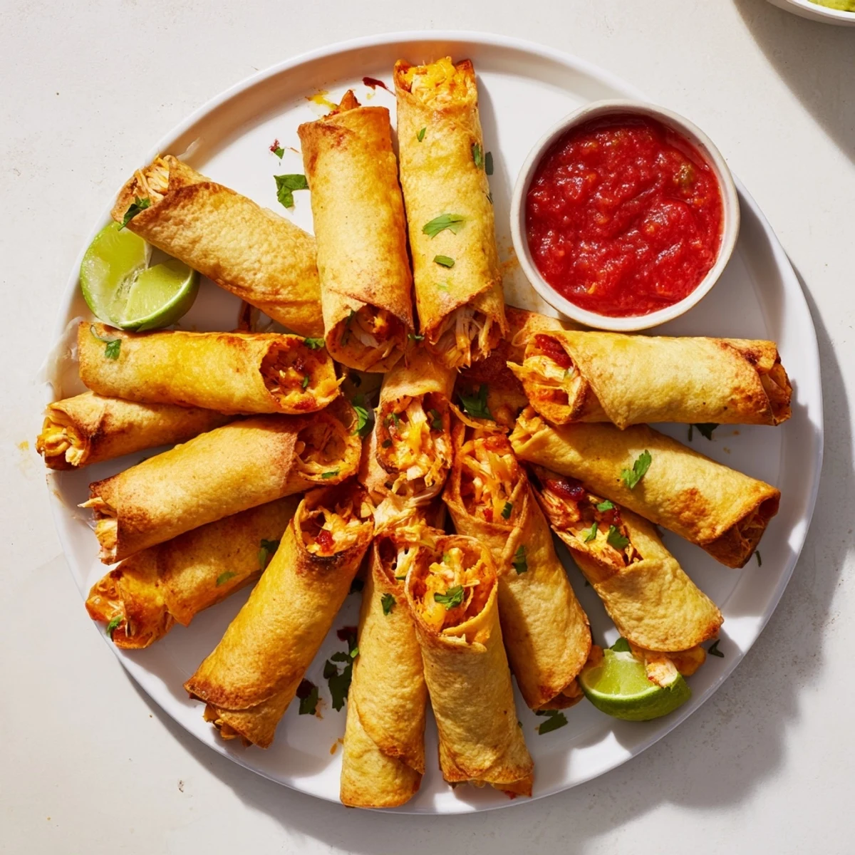 Golden crispy chicken taquitos with melted cheese served on a white plate with fresh guacamole and vibrant salsa dip
