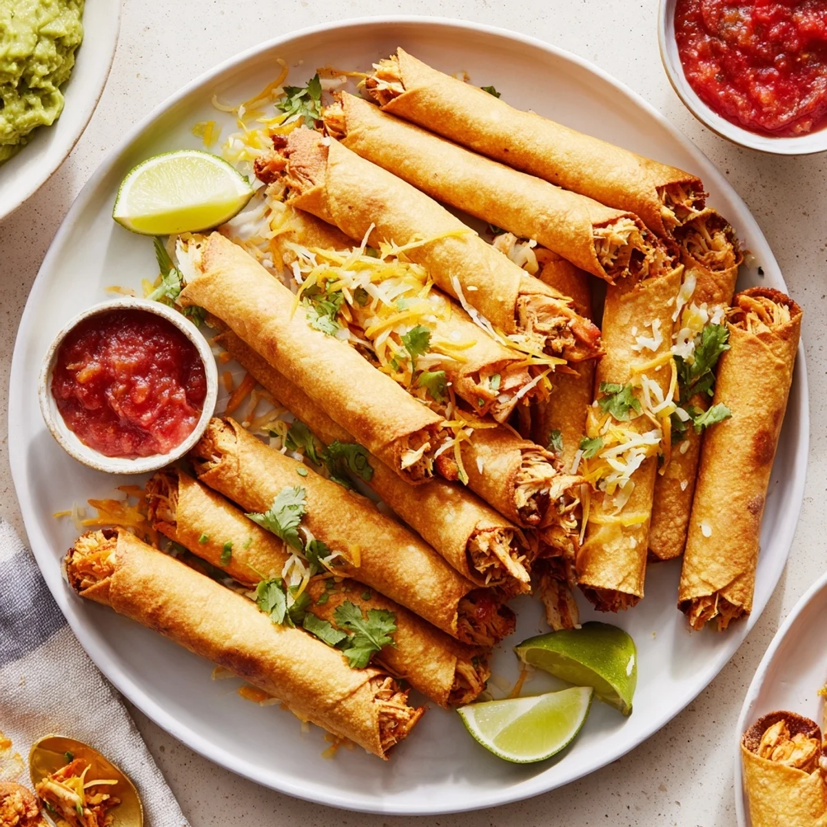 Homemade crispy chicken taquitos arranged on a wooden board alongside sour cream, lime wedges, and red salsa for dipping