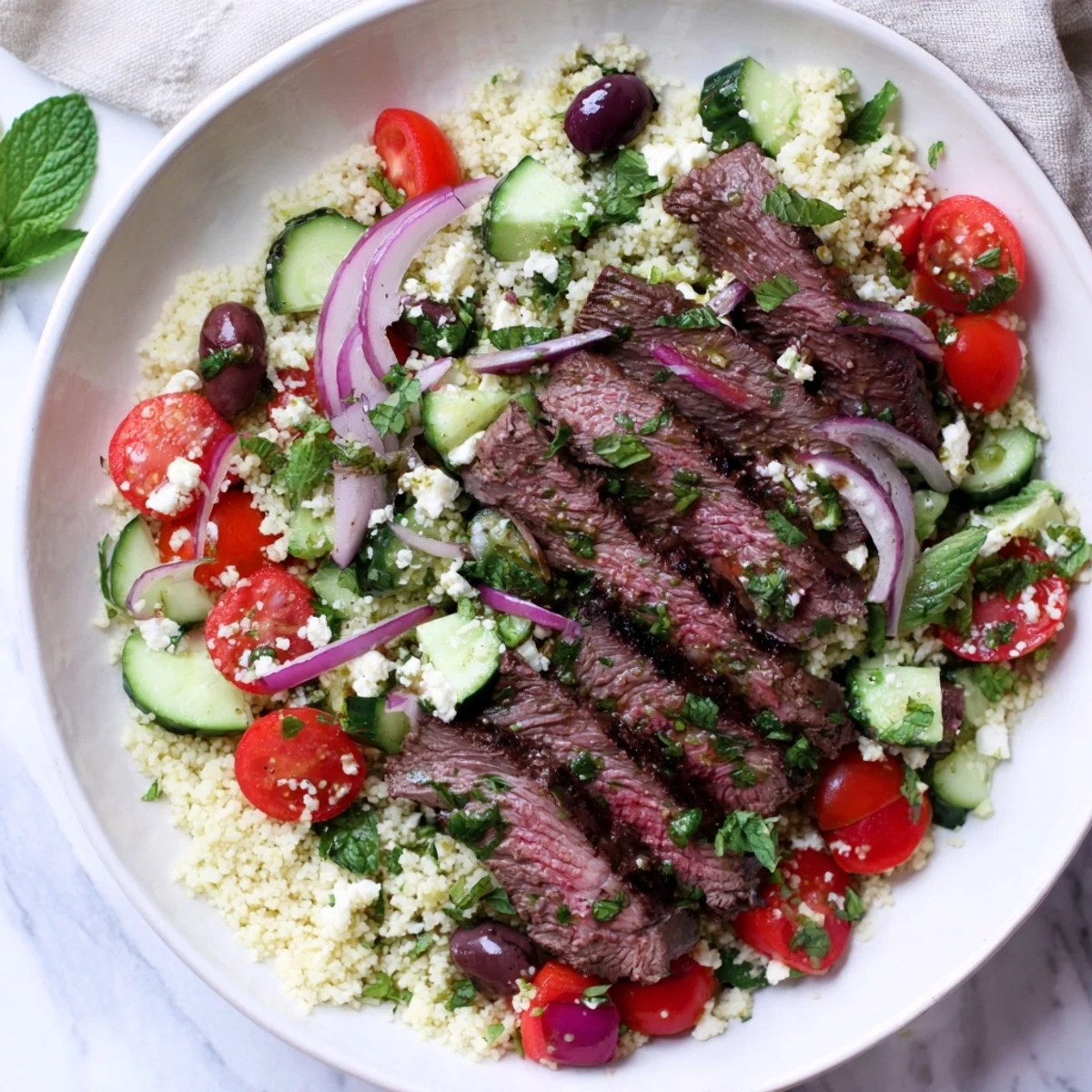 Grilled skirt steak couscous salad featuring smoky sliced beef over fluffy Mediterranean grain bowl with fresh vegetables