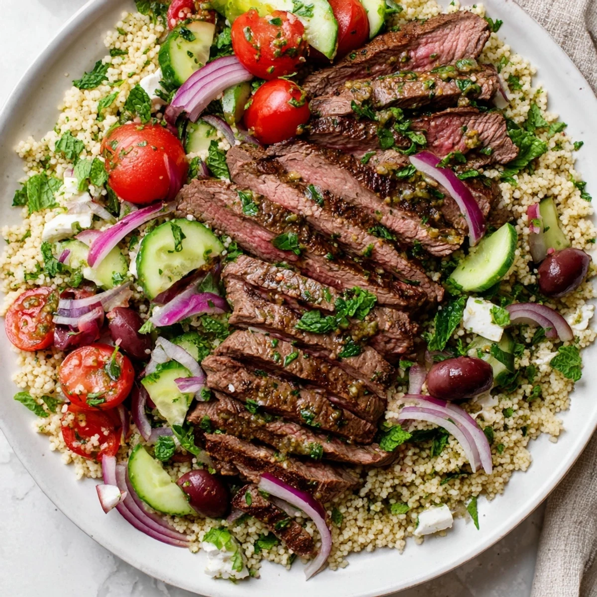 Colorful grilled skirt steak couscous salad topped with juicy tomatoes crisp cucumber and tangy olives in herb dressing