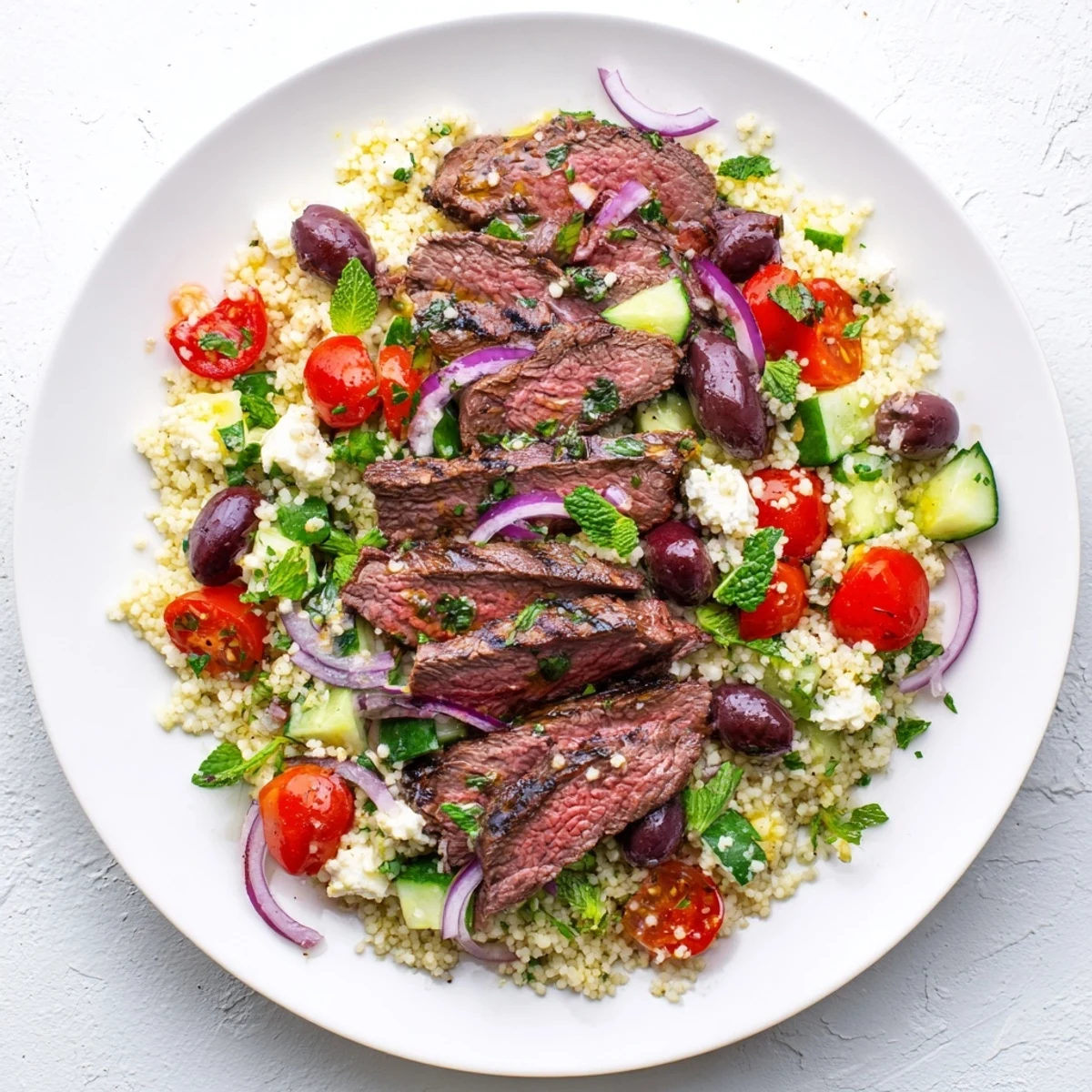 Hearty grilled skirt steak couscous salad platter with tender meat fresh mint parsley and zesty lemon vinaigrette