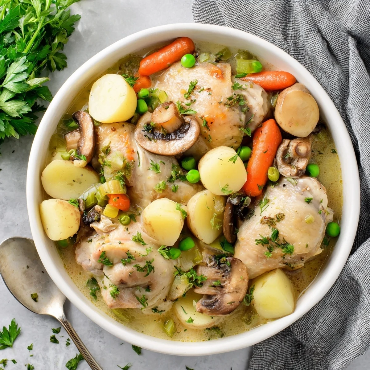 Golden French chicken casserole with tender vegetables in a creamy white wine sauce