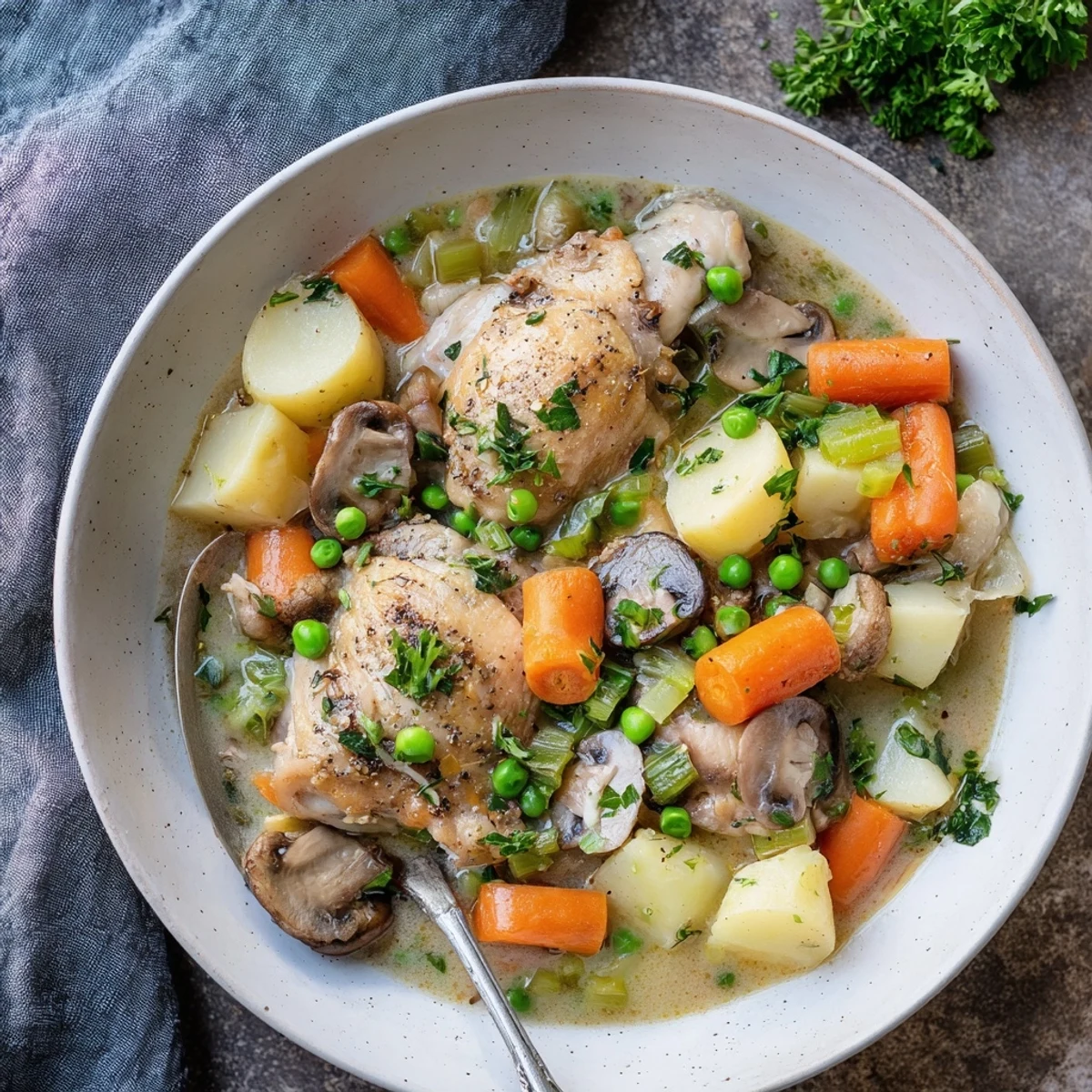 Rustic French chicken casserole bubbling in a Dutch oven with fresh herbs and parsley