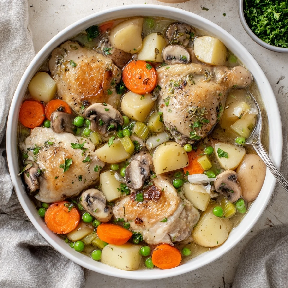 Hearty French chicken casserole served with root vegetables and peas in savory broth