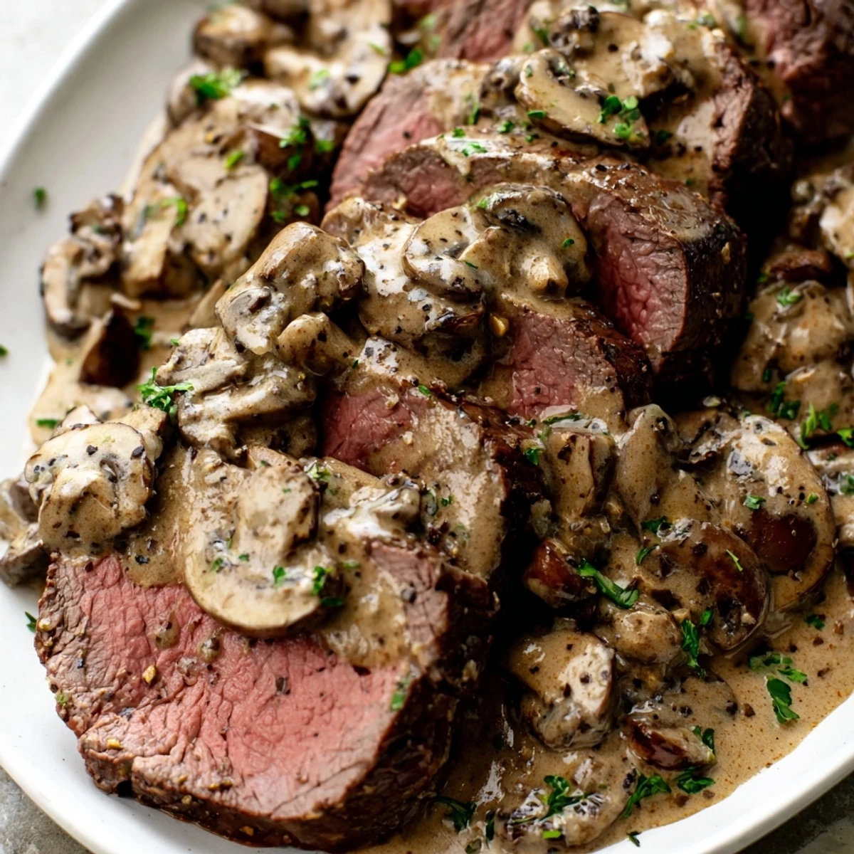 Sliced beef tenderloin drizzled with rich mushroom cream sauce on white plate