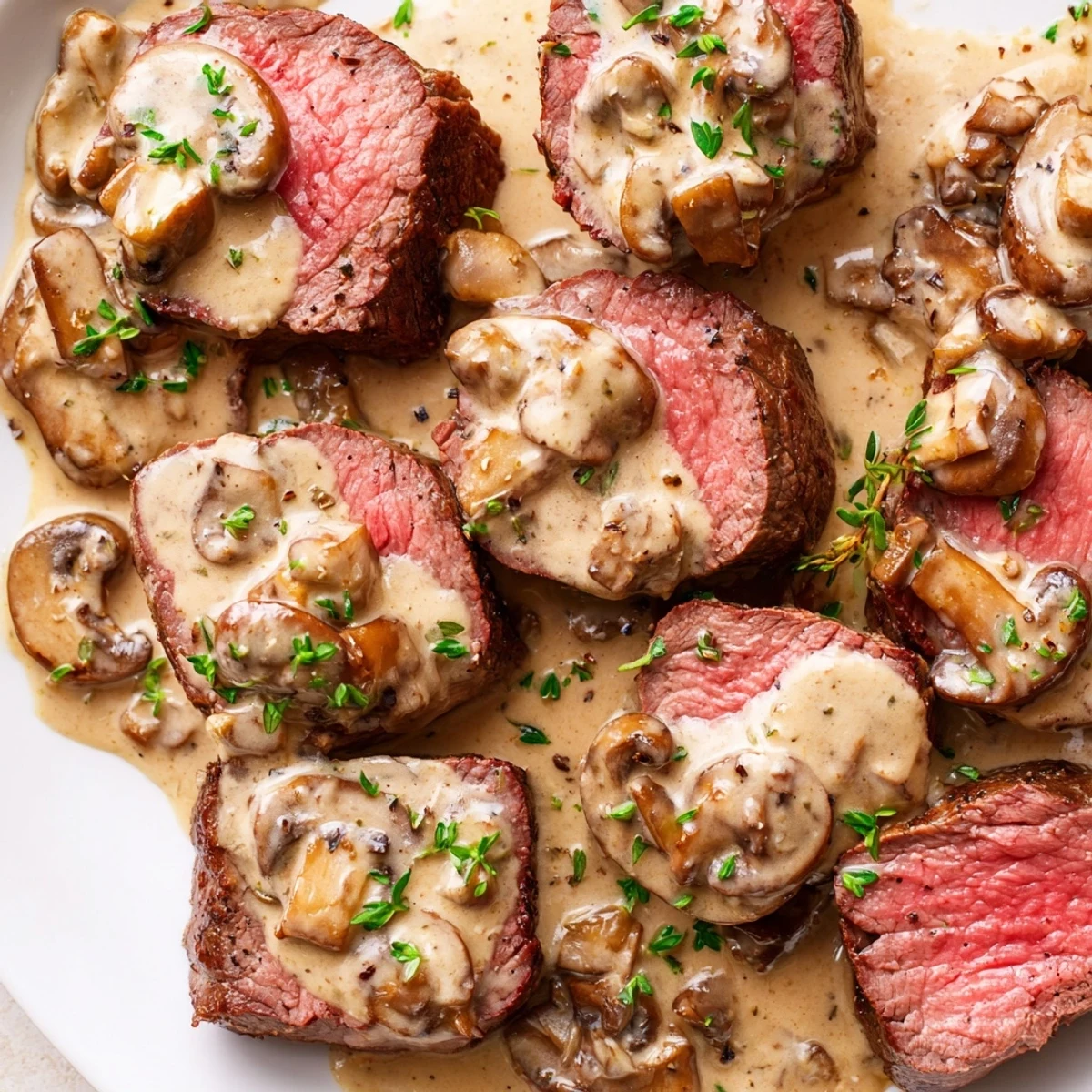 Perfectly medium-rare tenderloin roast topped with velvety mushroom sauce and fresh parsley