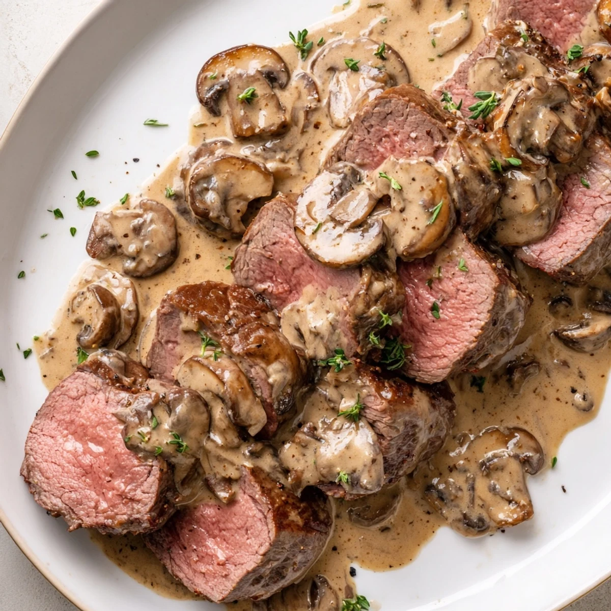 Elegant dinner plate featuring juicy beef tenderloin slices with creamy mushroom gravy