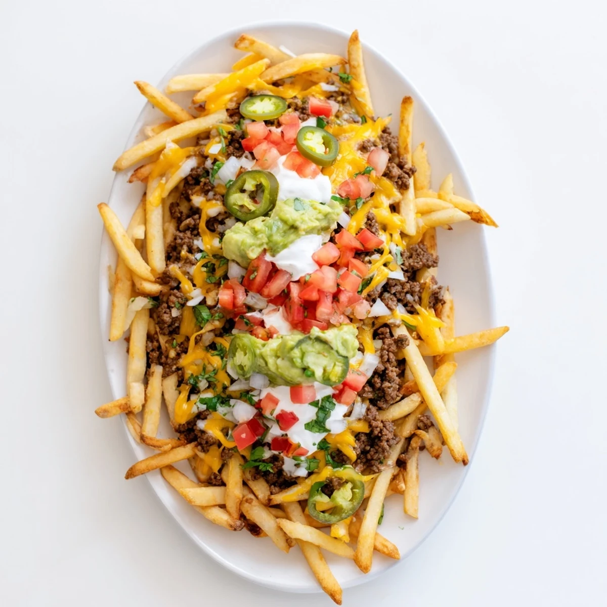 Golden crispy fries loaded with seasoned taco beef and melted cheddar cheese topped with fresh vegetables