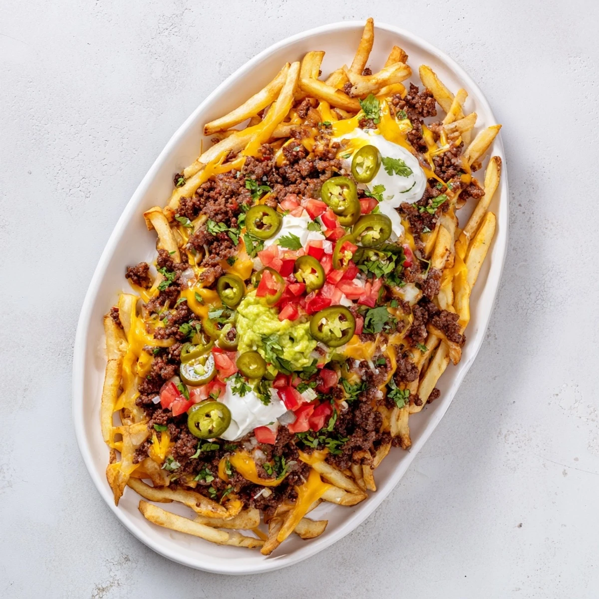 Heaping plate of taco beef loaded fries featuring gooey cheese, juicy ground meat, and colorful toppings