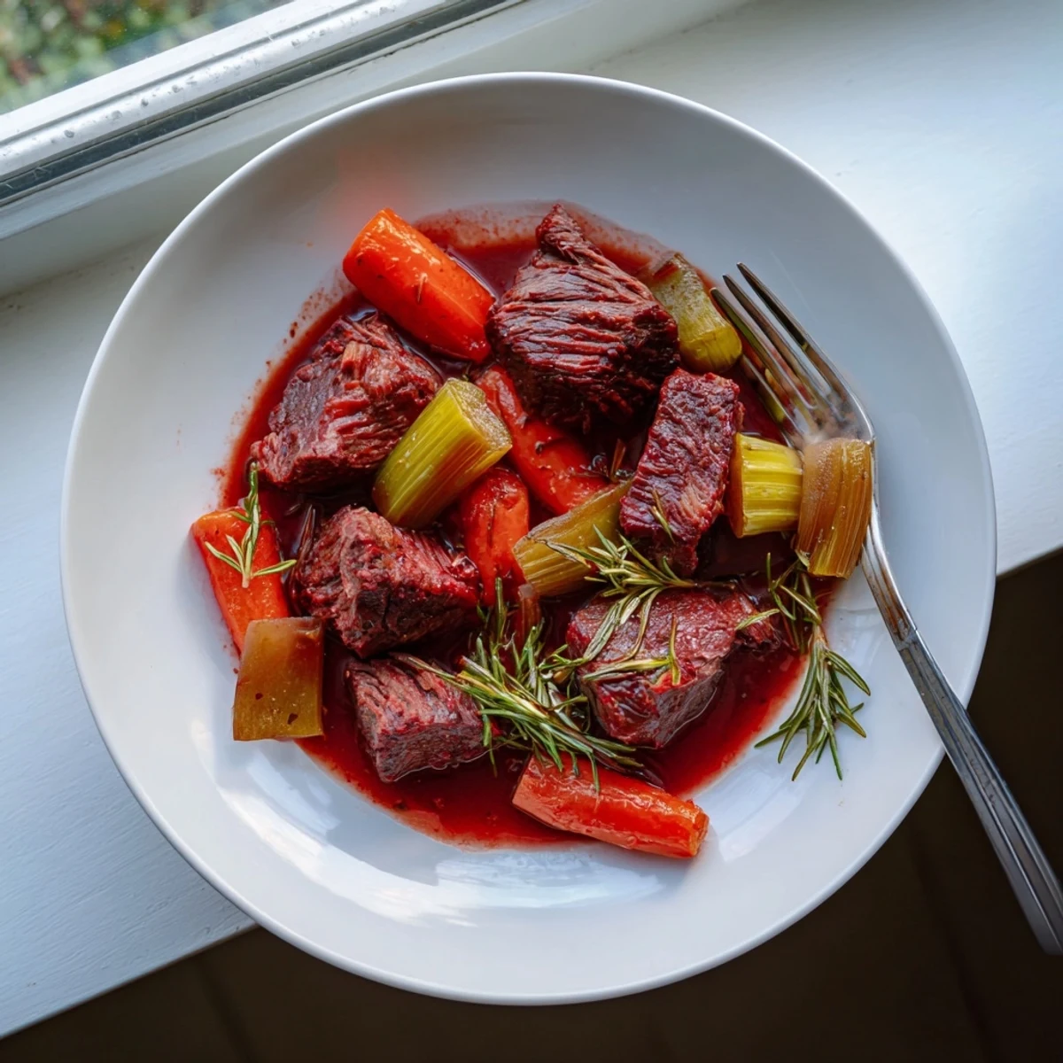 Golden brown red grape juice braised chuck roast surrounded by tender carrots and caramelized onions
