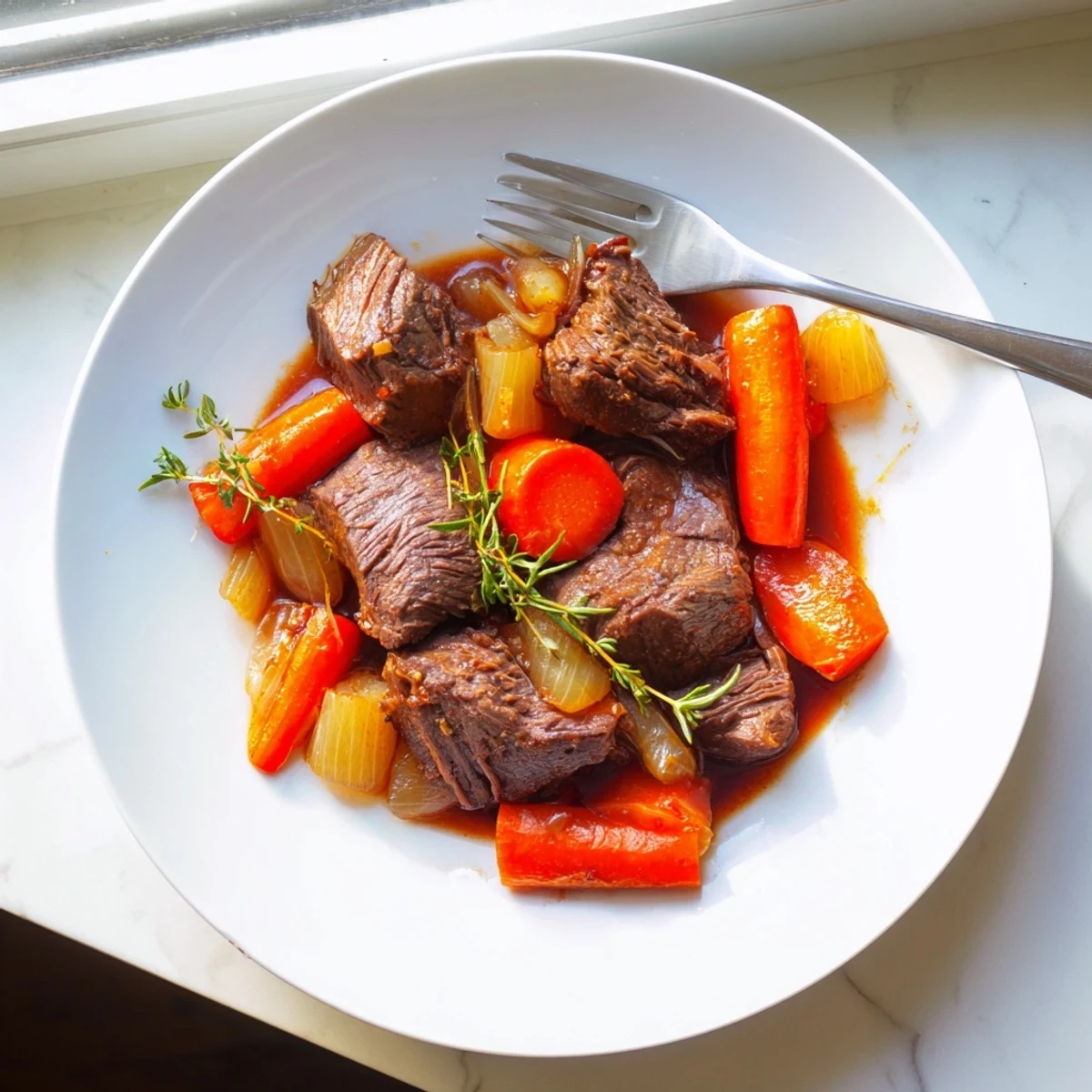 Slow-cooked red grape juice braised chuck roast plated with roasted vegetables and fresh herb sprigs