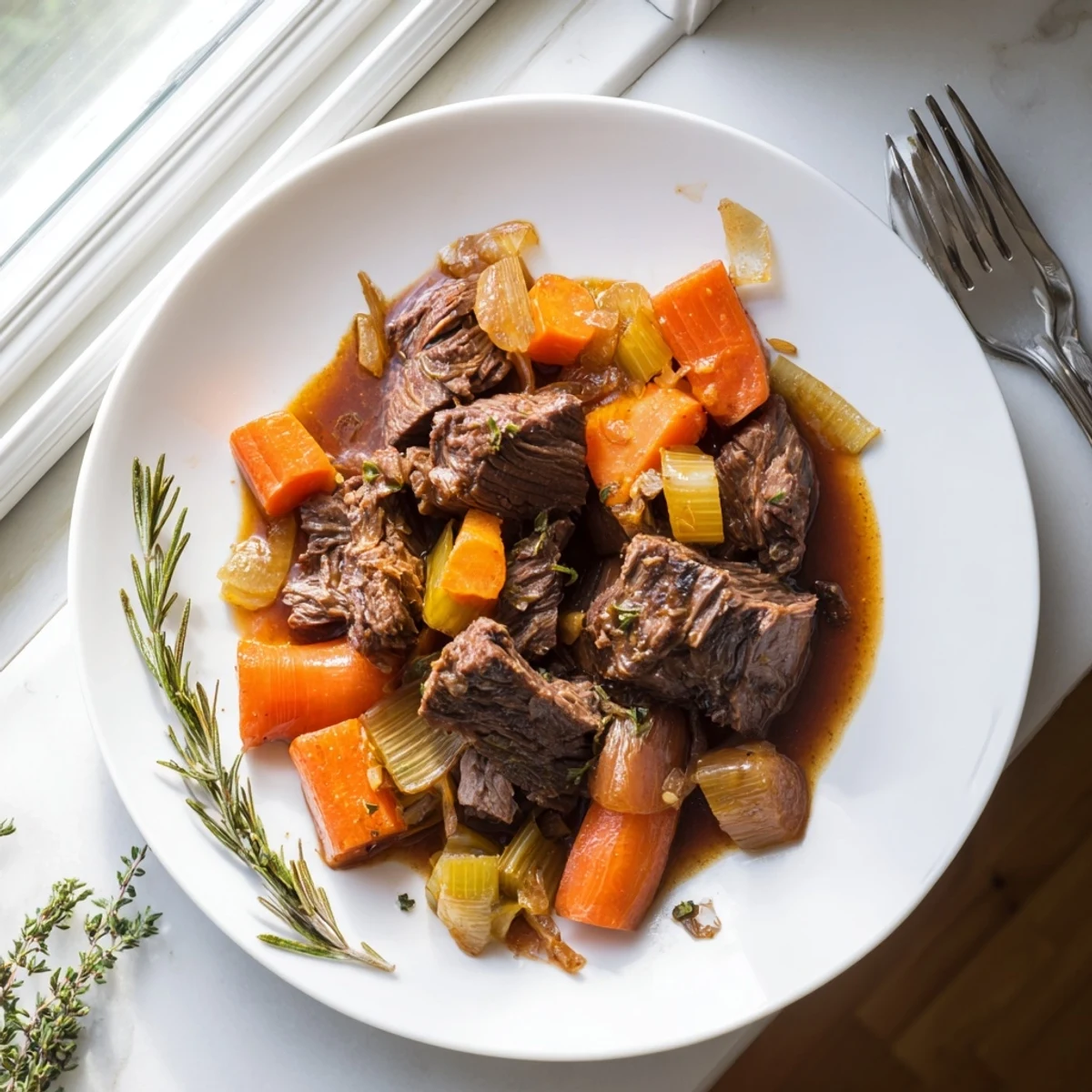 Fork-tender slices of melt in your mouth red grape juice braised chuck roast drizzled with rich savory juices