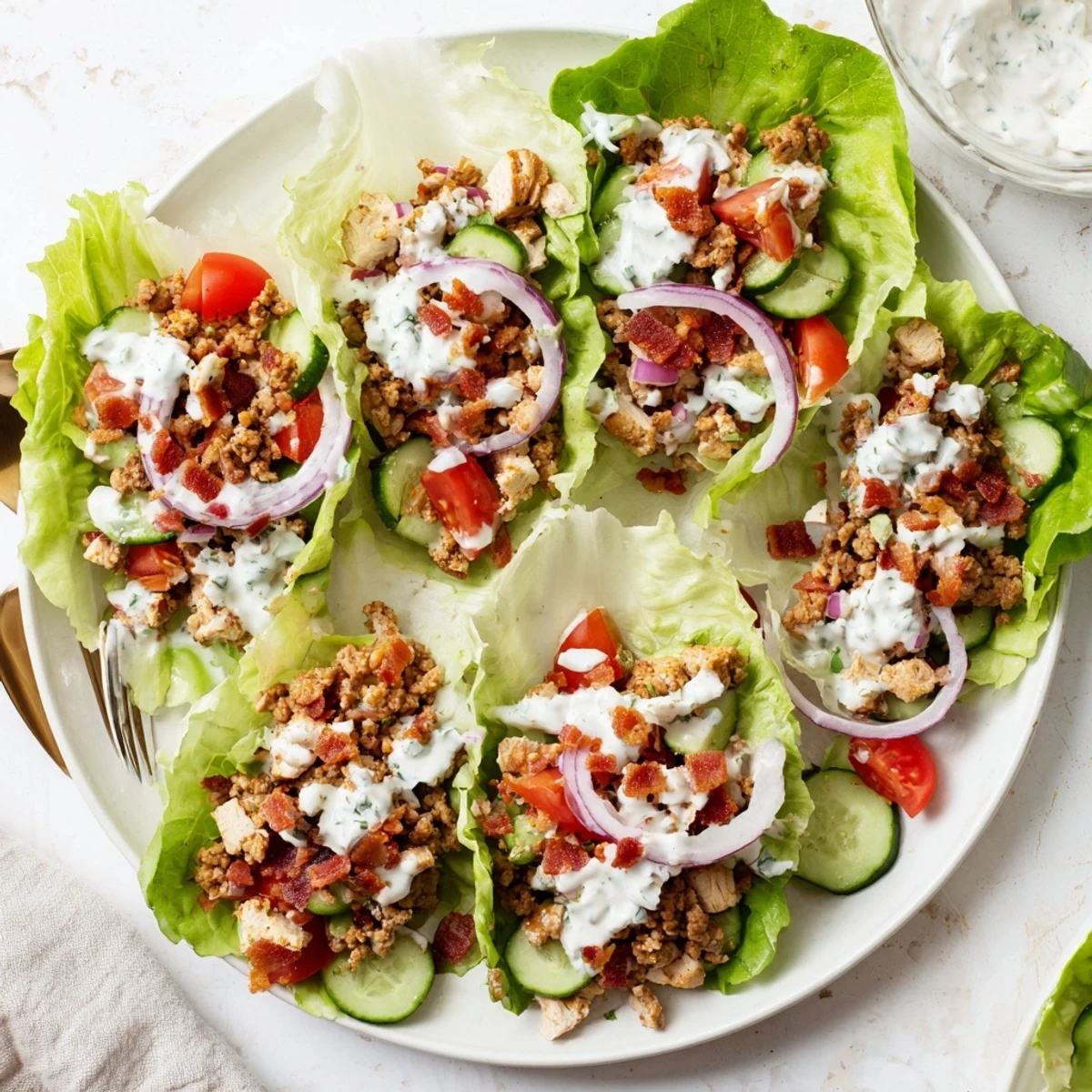 Protein-packed lettuce wraps featuring juicy chicken, savory ground beef, and bacon topped with fresh vegetables and ranch