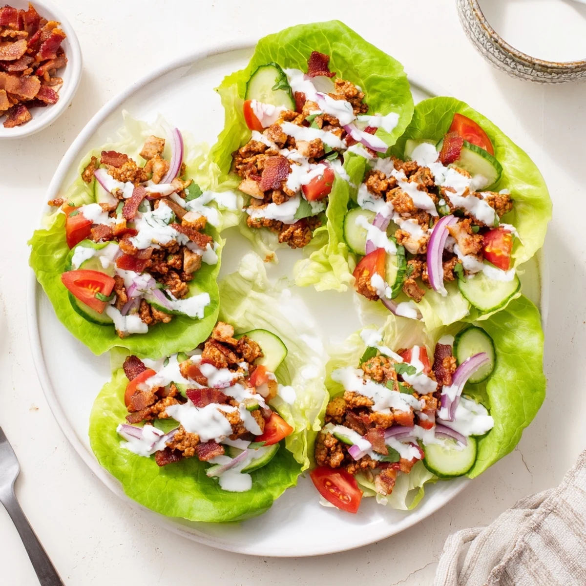 Low-carb chicken, beef, and bacon lettuce wraps served on a platter with diced tomatoes, onions, and cucumber
