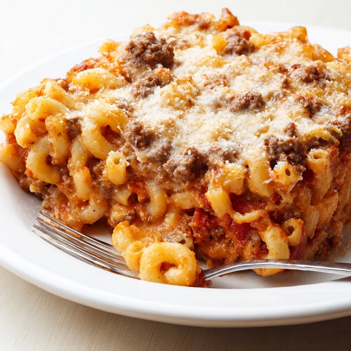 Golden baked garlic butter beefaroni topped with melted mozzarella and Parmesan cheese in a casserole dish