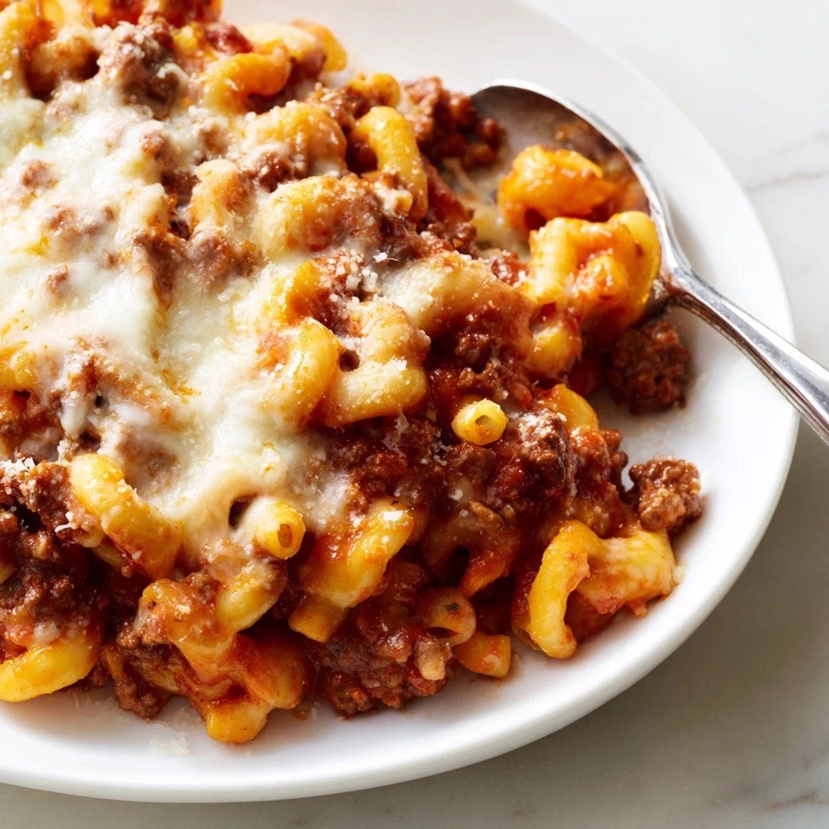 Comforting cheesy pasta bake featuring garlic butter beefaroni with bubbly browned cheese topping ready for serving