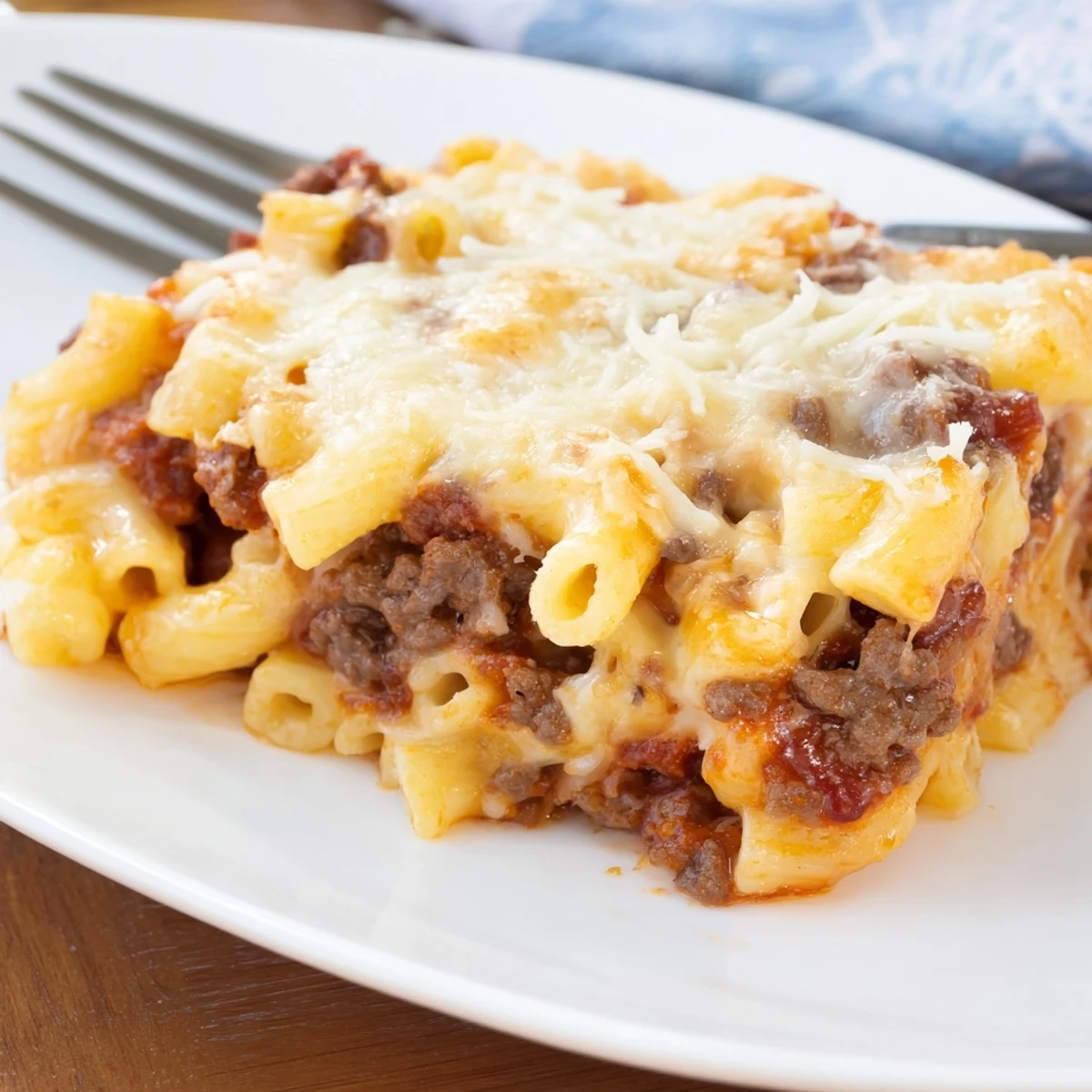 Savory ground beef and tender macaroni in rich tomato garlic butter sauce, fresh from the oven