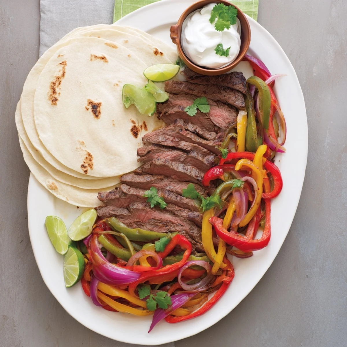 Sizzling grilled steak fajita platter featuring juicy seasoned strips with colorful peppers and warm tortillas