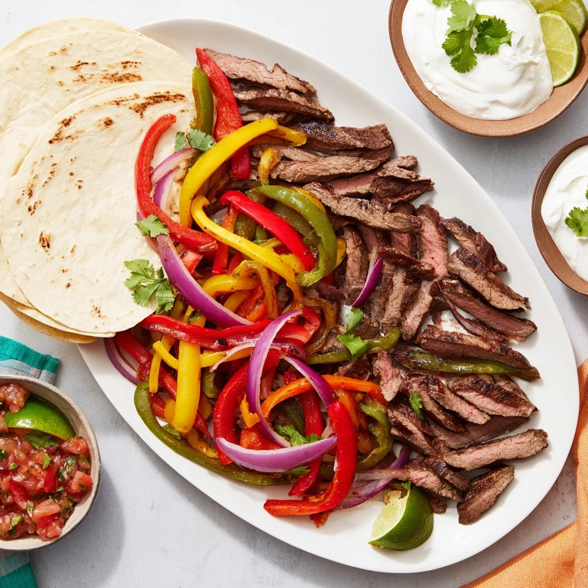 Vibrant Tex-Mex dinner spread of marinated grilled steak fajitas topped with fresh cilantro and lime wedges