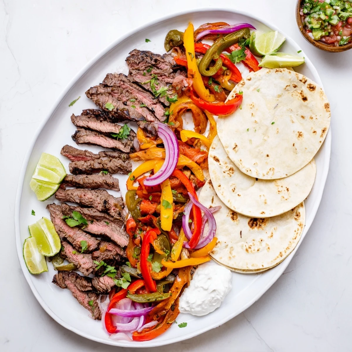 Cast iron skillet sizzling with grilled steak fajitas surrounded by sautéed bell peppers and sliced onions