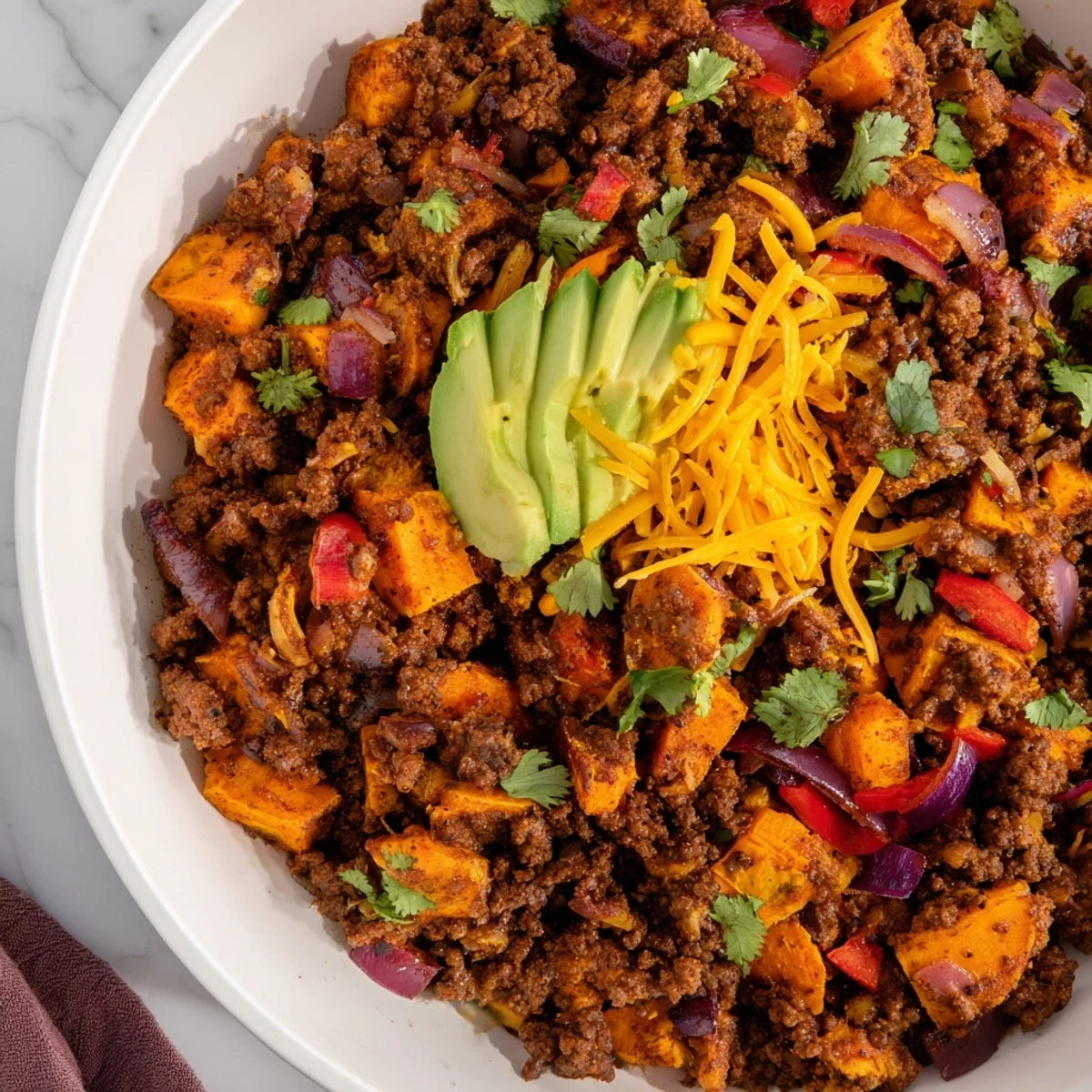 Golden Southwest ground beef and sweet potato skillet topped with fresh cilantro, diced avocado, and melted cheddar cheese in a rustic cast iron pan
