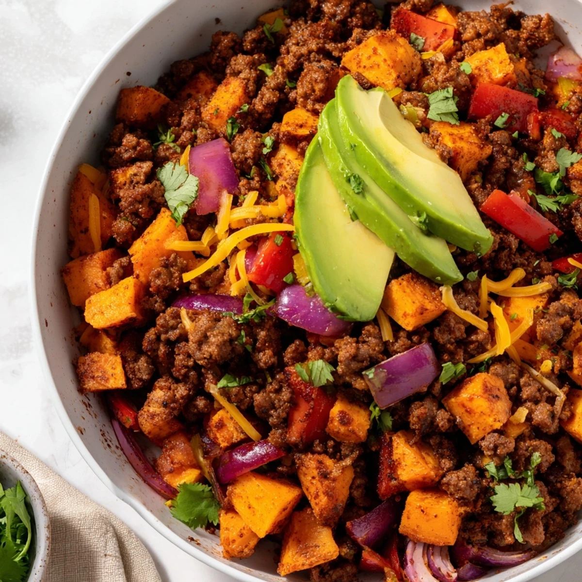Sizzling one-pan Southwest ground beef and sweet potato skillet featuring tender caramelized vegetables, spiced beef, and vibrant red bell pepper chunks