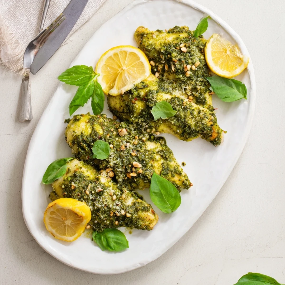 Golden baked lemon basil pesto chicken breasts topped with vibrant green herb sauce