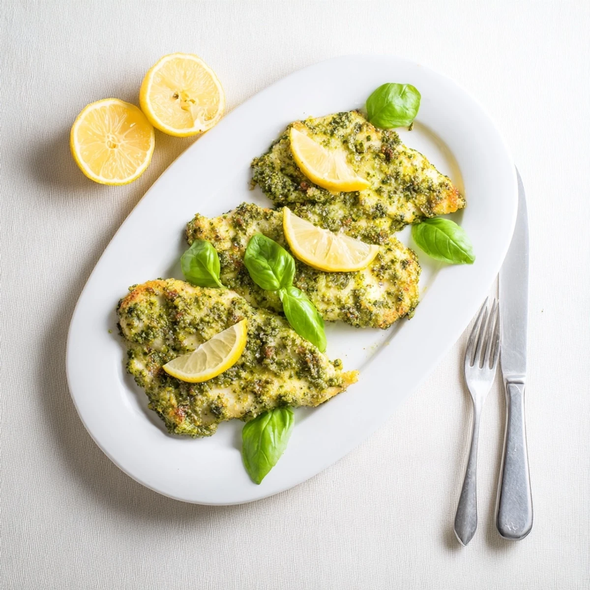 Tender pesto-coated chicken breast garnished with fresh basil sprigs and lemon wheel slices