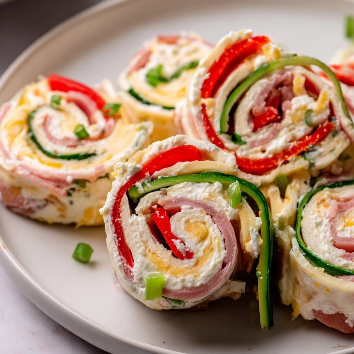 Golden keto ham roll ups with cream cheese filling and fresh cucumber pepper strips on white plate