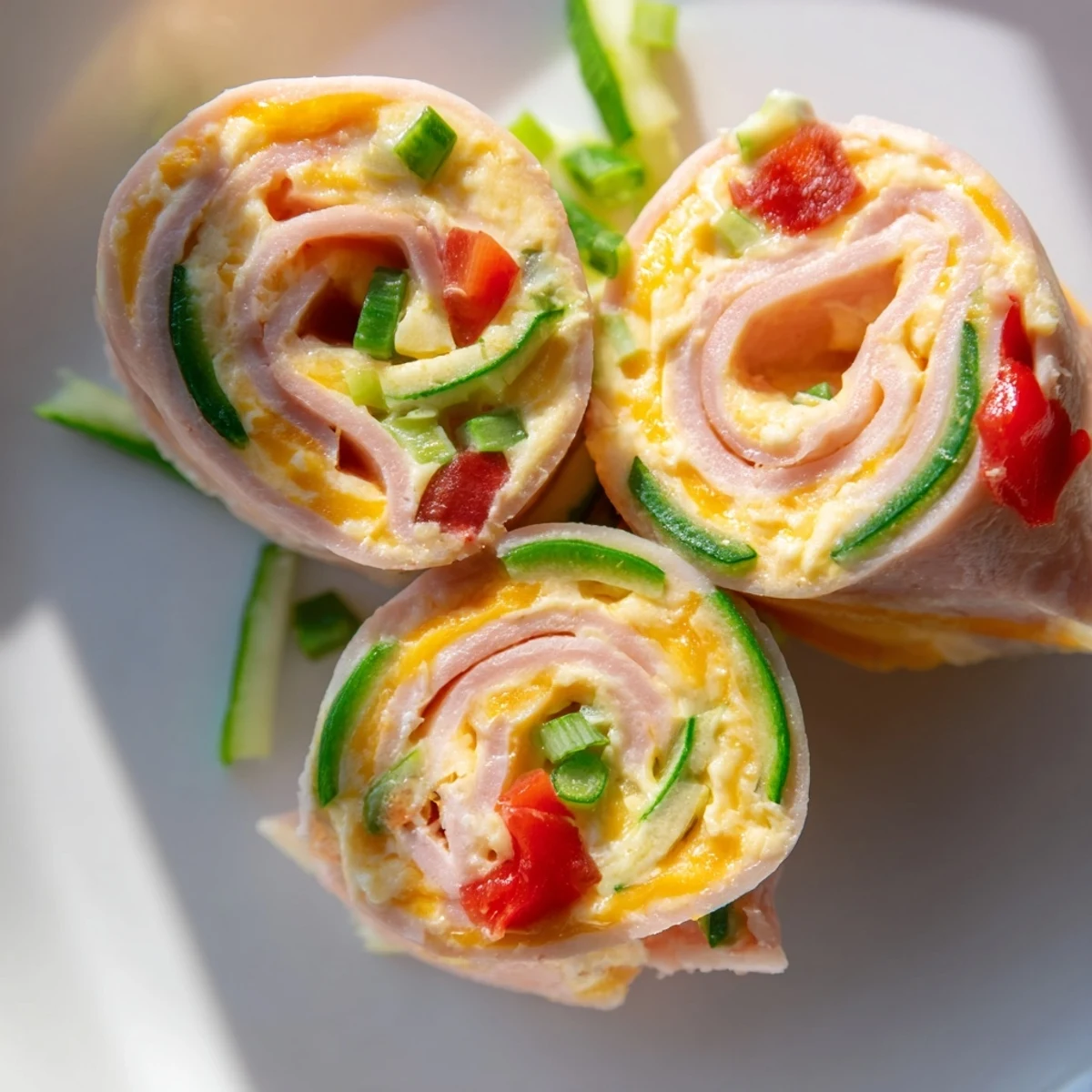 Plate of low-carb keto ham roll ups stuffed with savory cream cheese and crisp colorful vegetable strips
