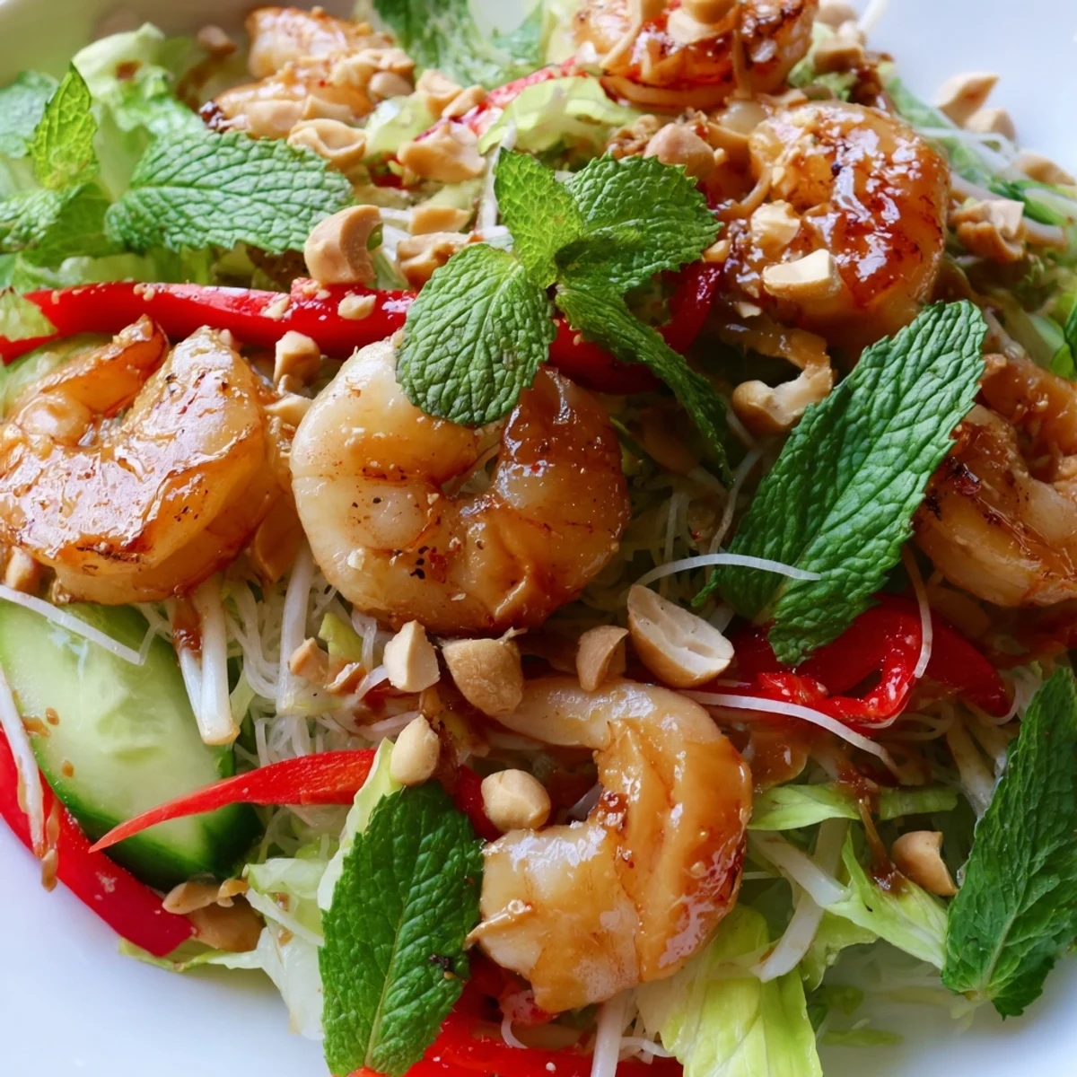 Vibrant Spring Roll Salad with Spicy Ginger Dressing showcasing julienned veggies and tender shrimp on white plate