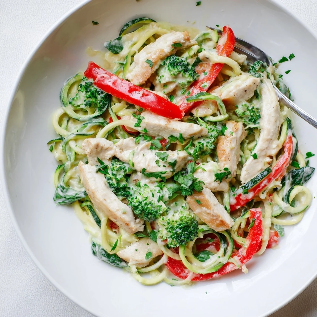 Golden chicken breast pieces tossed with spiralized zucchini noodles in rich white Parmesan sauce with vibrant vegetables