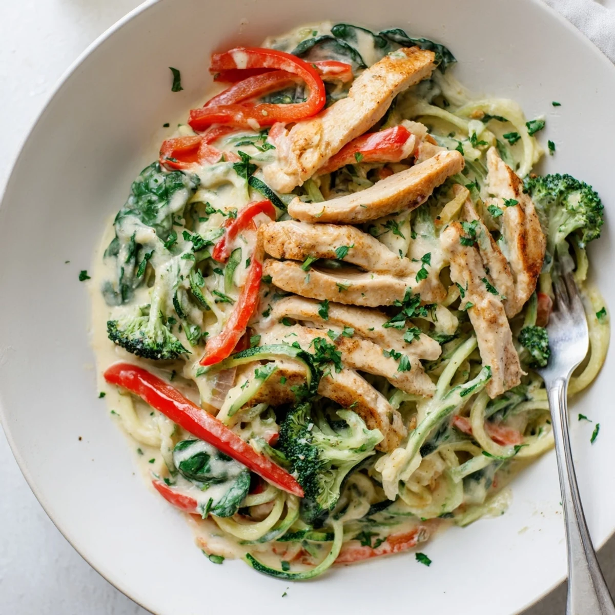 Creamy zucchini noodle chicken Alfredo bowl topped with tender chicken strips, broccoli, red bell pepper, and Parmesan