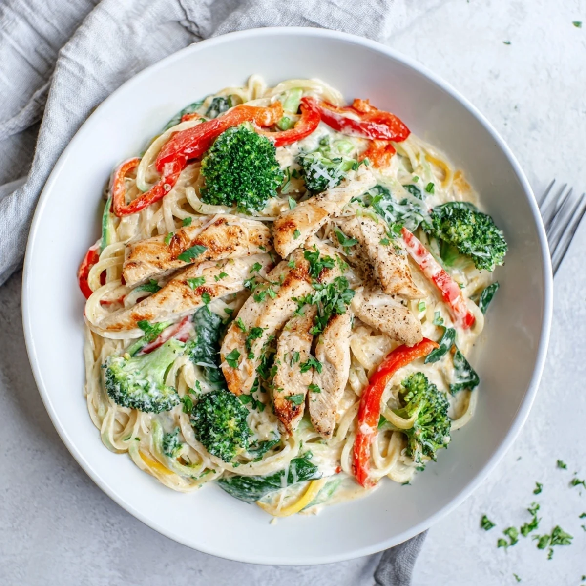 High-protein zucchini noodle Alfredo featuring juicy chicken, colorful bell peppers, broccoli, spinach, and grated Parmesan cheese