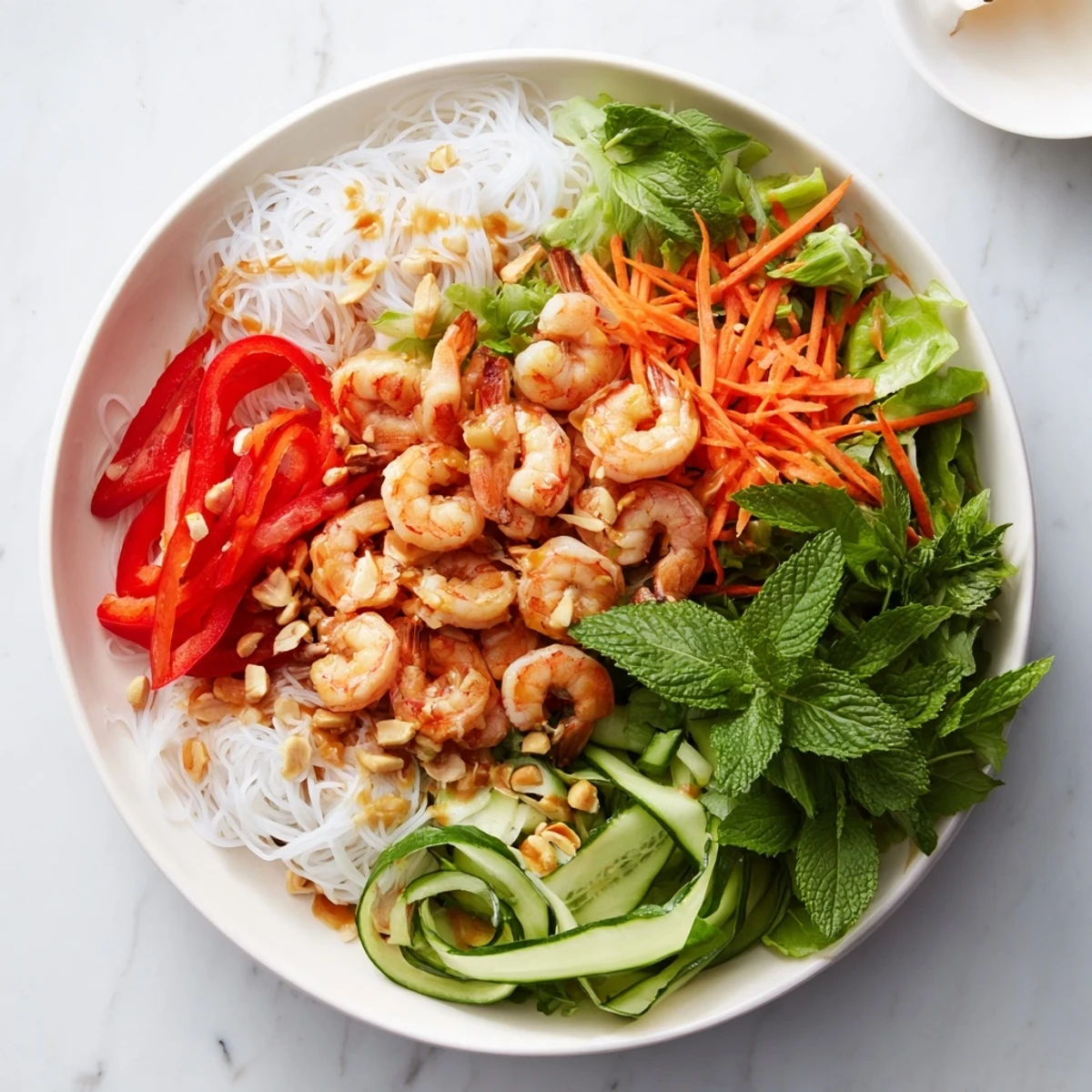 Fresh spring roll salad plated with julienned carrots, cucumber, herbs, peanuts, and tender shrimp coated in zesty dressing