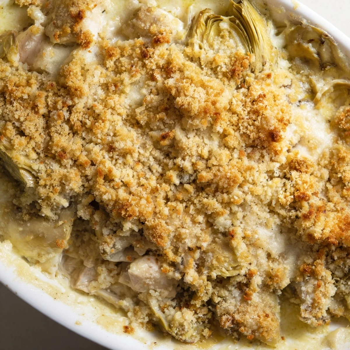 Bubbling artichoke chicken bake fresh from the oven with golden melted mozzarella and artichoke hearts