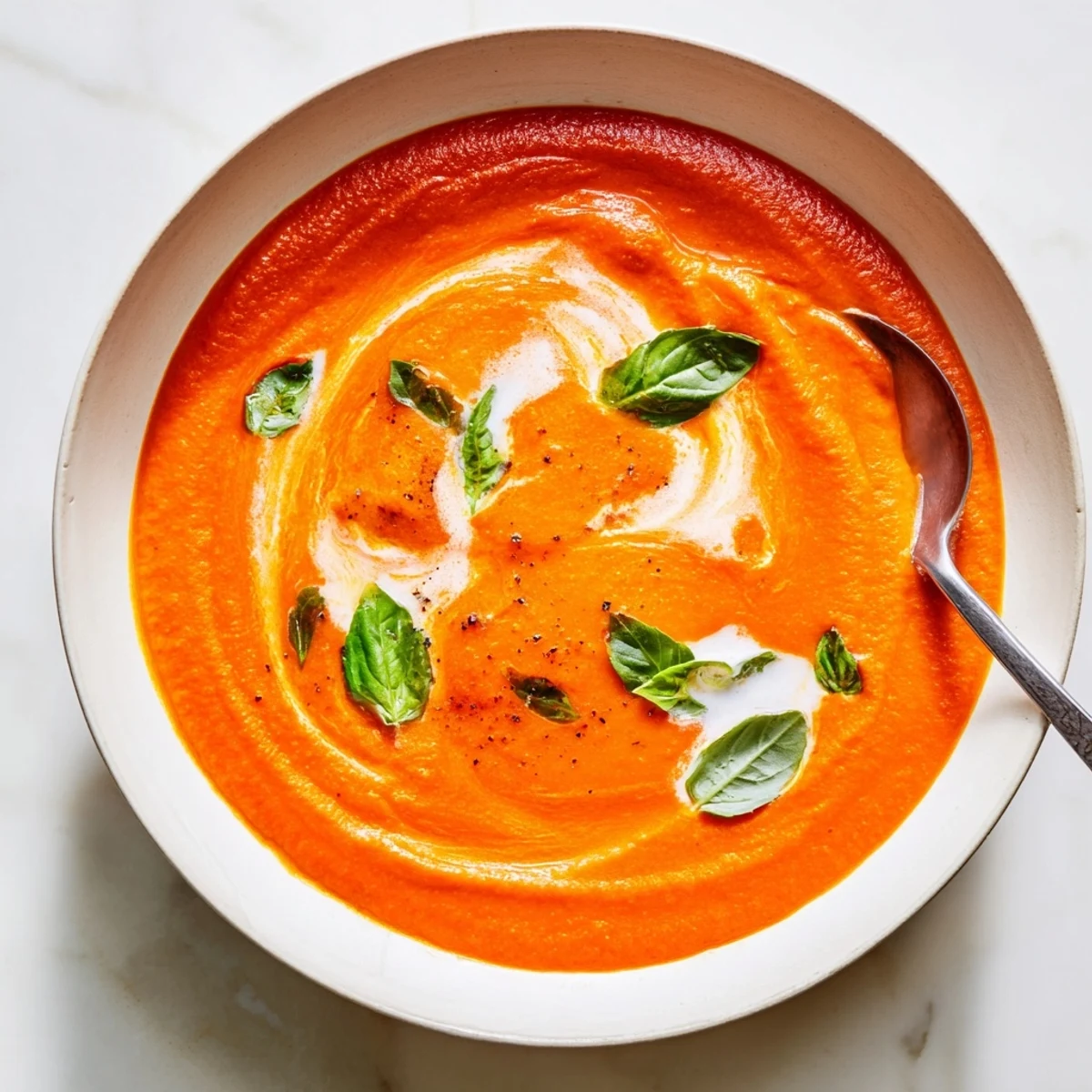 Creamy cozy tomato soup swirl with fresh basil garnish in white bowl