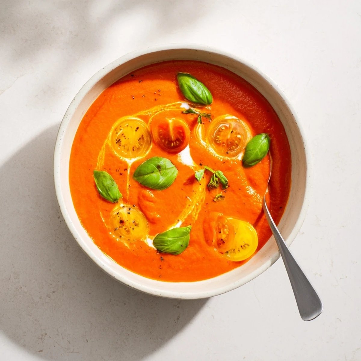Velvety cozy tomato soup drizzled with heavy cream and red pepper flakes