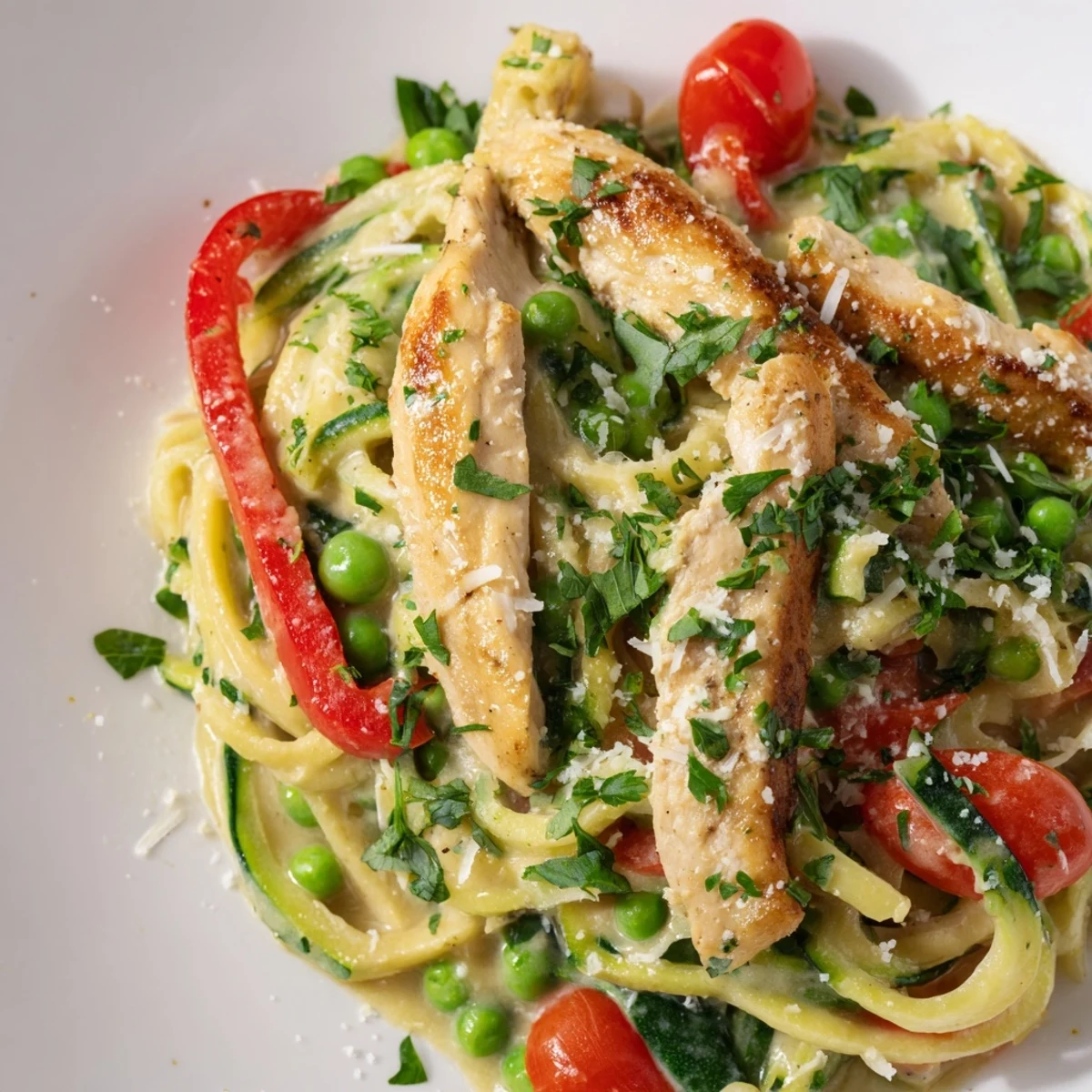 Creamy zucchini noodle chicken alfredo bowl topped with juicy chicken strips and colorful vegetables