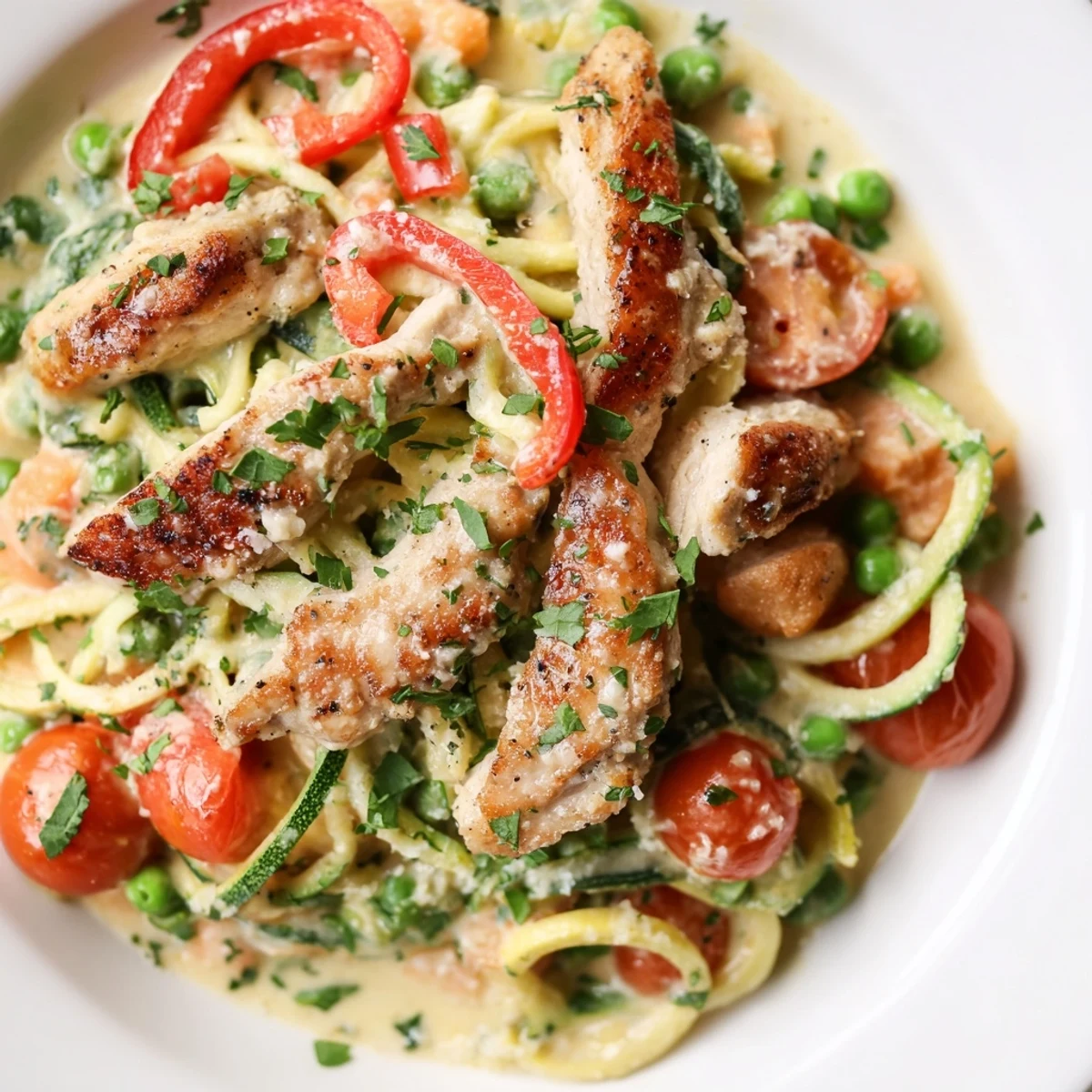 Golden chicken breast pieces served over spiralized zucchini noodles in rich parmesan alfredo sauce