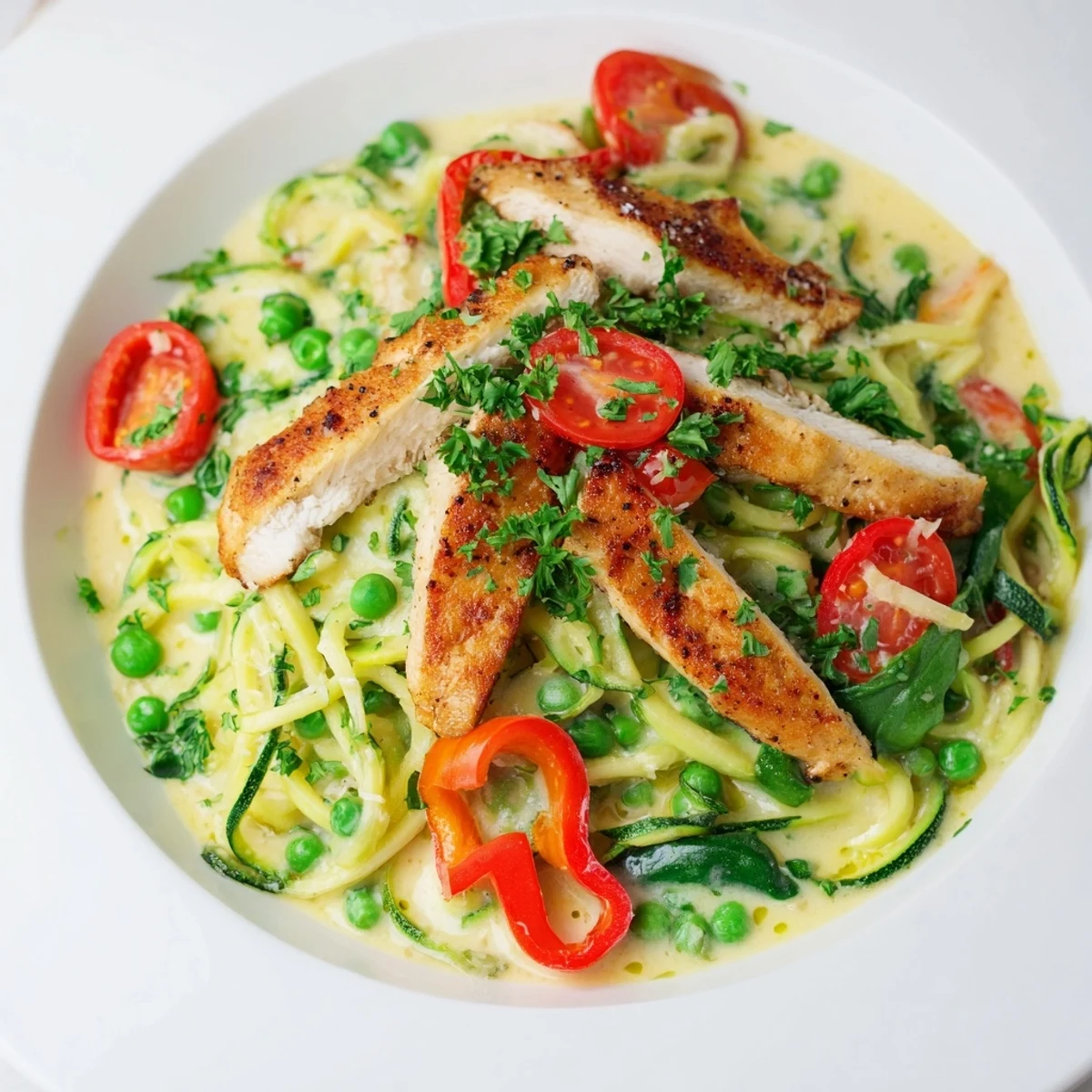 Protein-packed zucchini noodle chicken alfredo featuring tender pasta tossed with vibrant bell peppers and tomatoes
