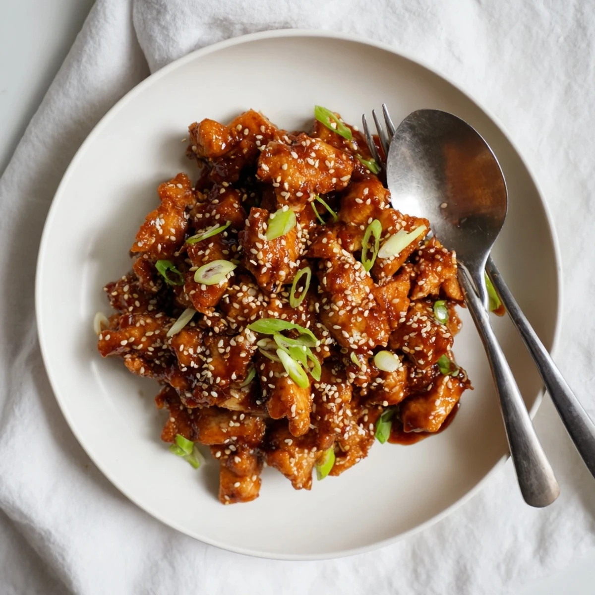 Golden Crock Pot Sesame Chicken glazed in rich, sticky sauce with sesame seeds and green onion garnish