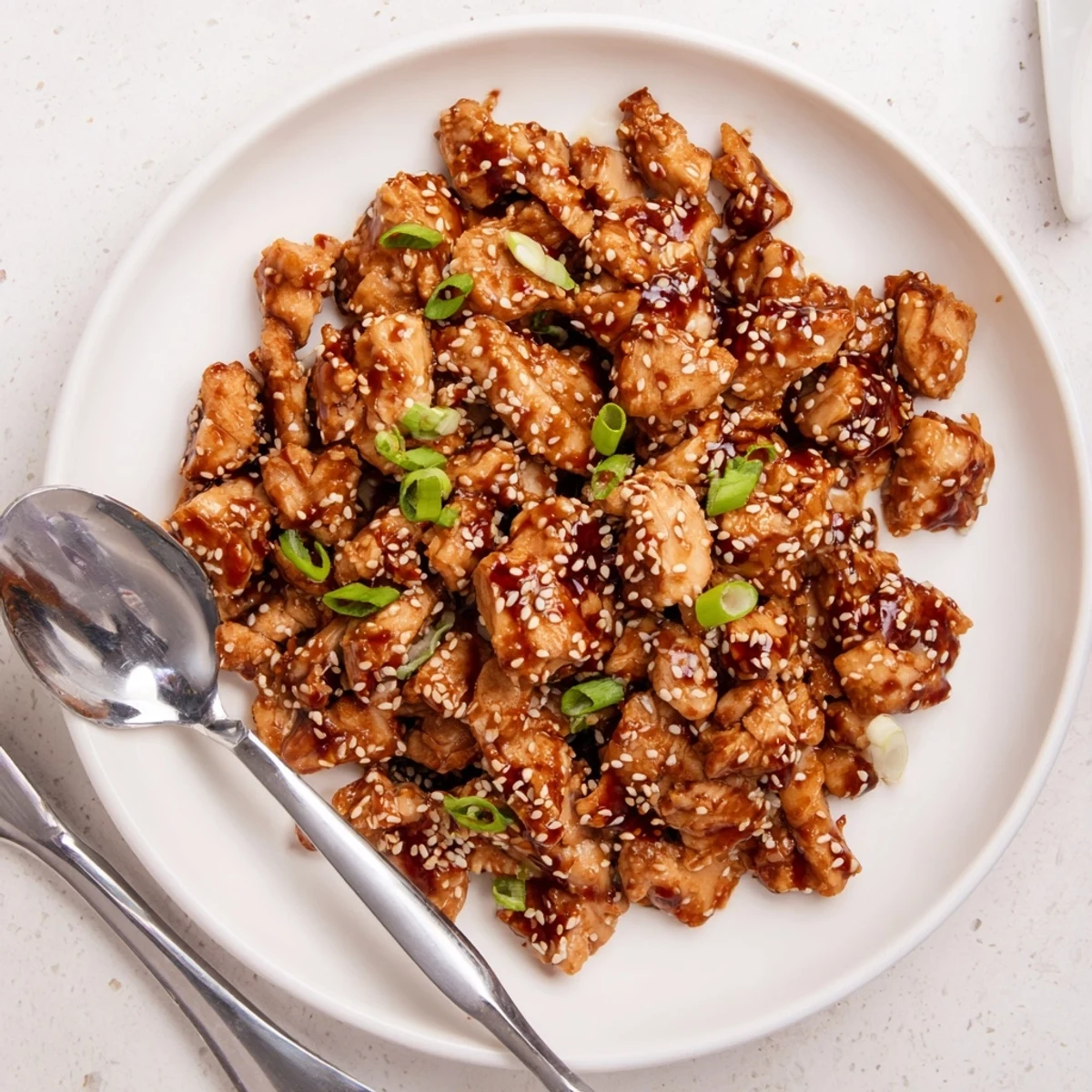 Shredded Crock Pot Sesame Chicken swimming in thickened glossy sauce topped with toasted sesame seeds and fresh scallions