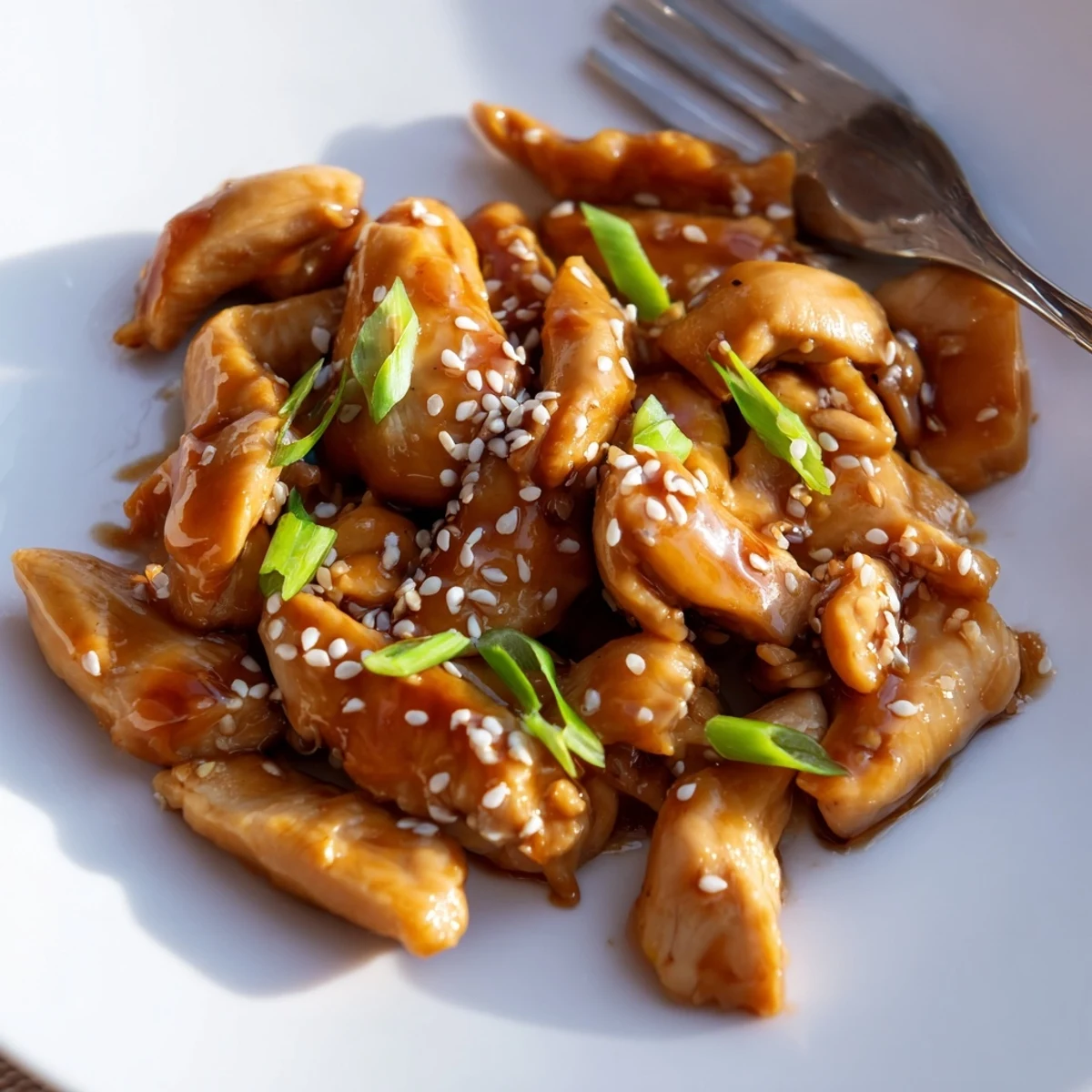 Tender shredded Crock Pot Sesame Chicken in thick savory sesame sauce with toasted sesame topping