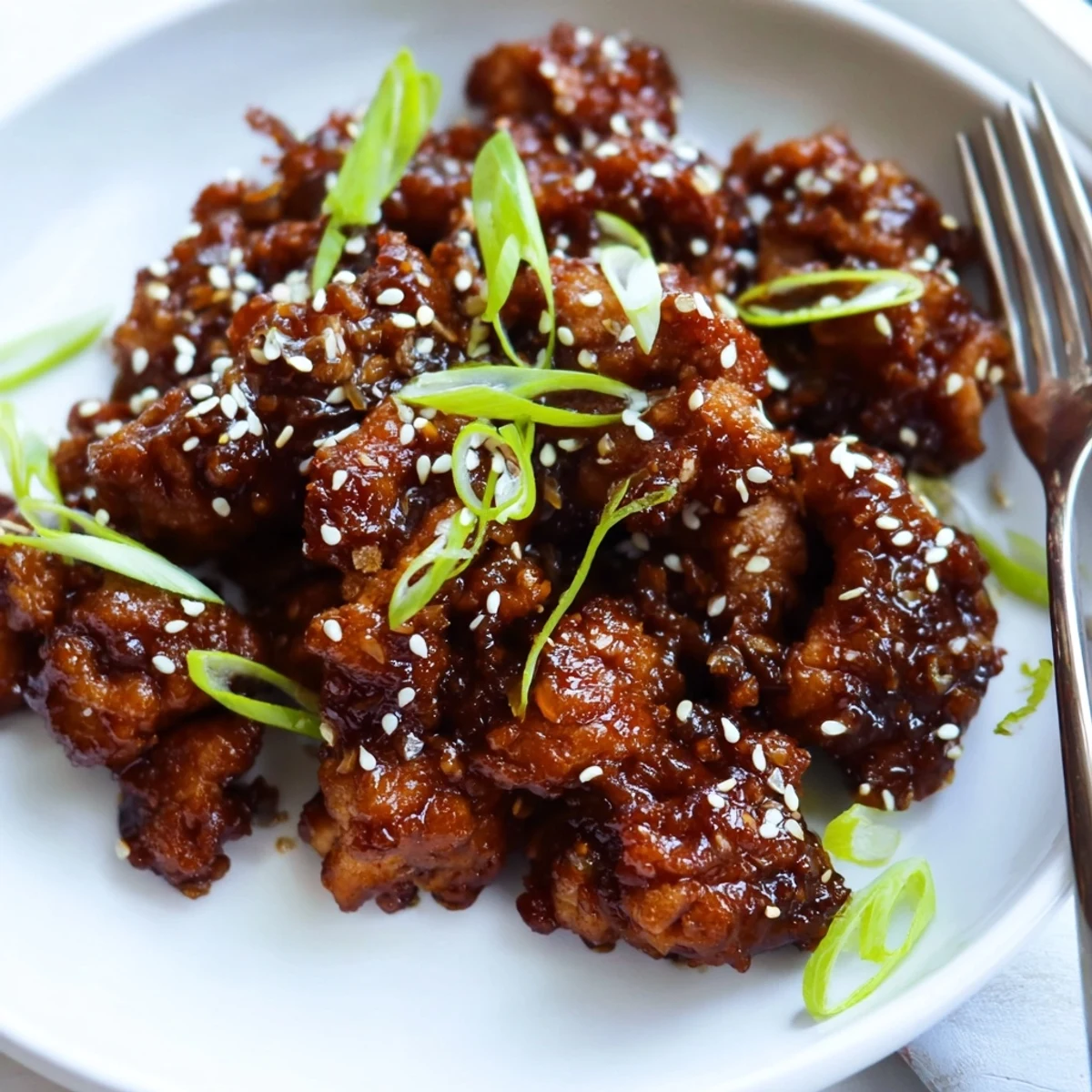 Slow cooker Crock Pot Sesame Chicken served over white rice with fresh green onion garnish