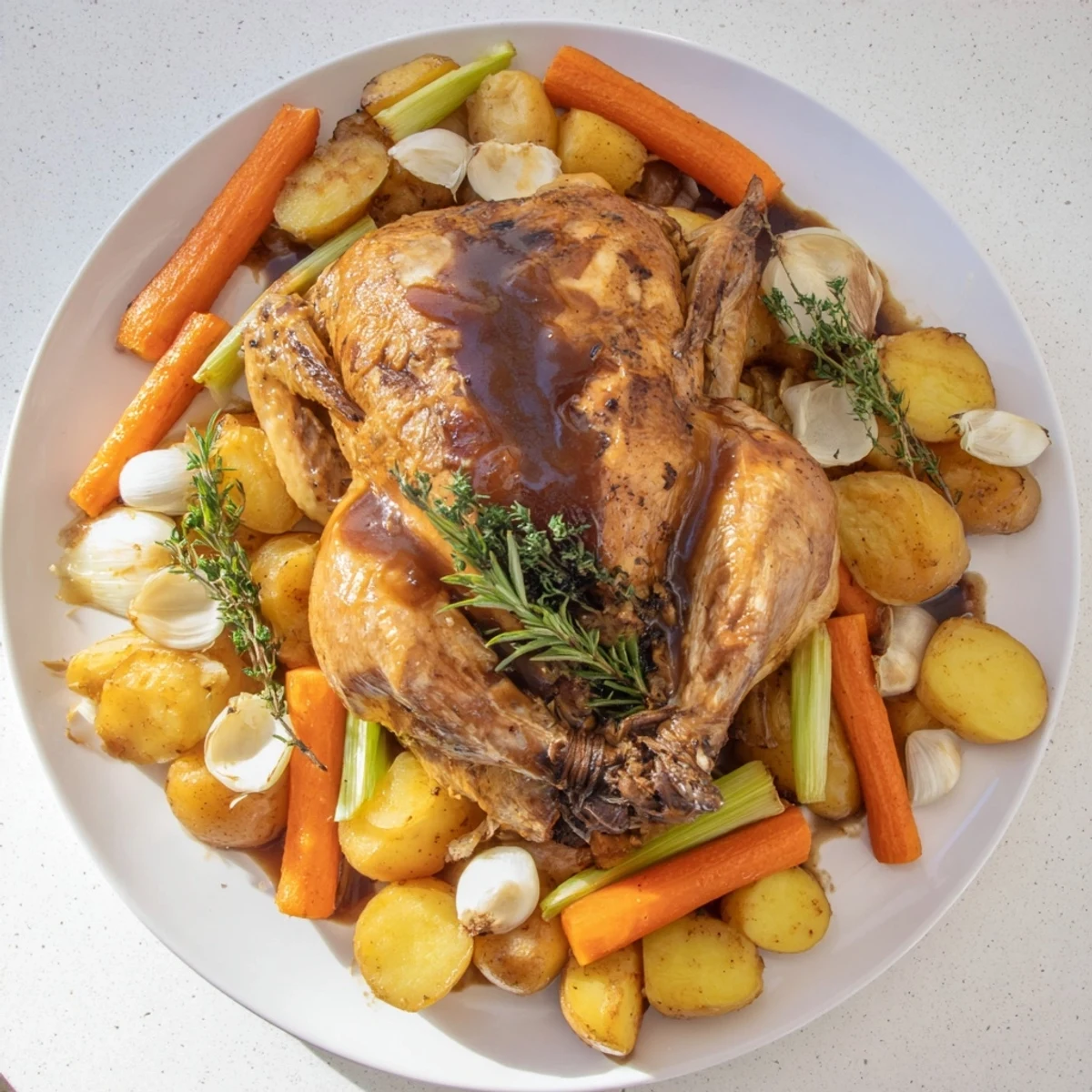 Golden whole chicken nestled atop tender carrots and potatoes in a rich crockpot chicken pot roast